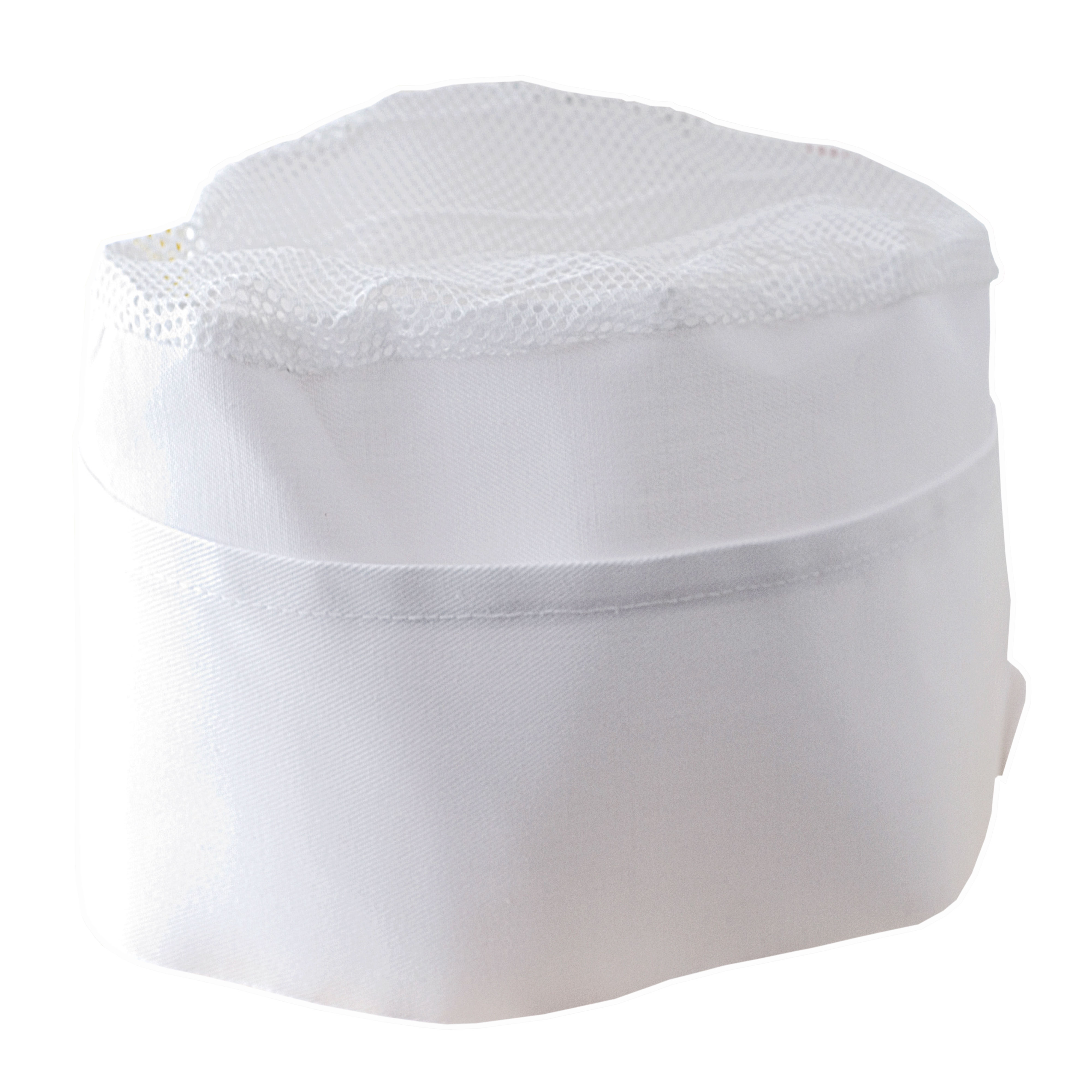 30% cotton/70% polyester white chef s hat with coloured edges. One size White