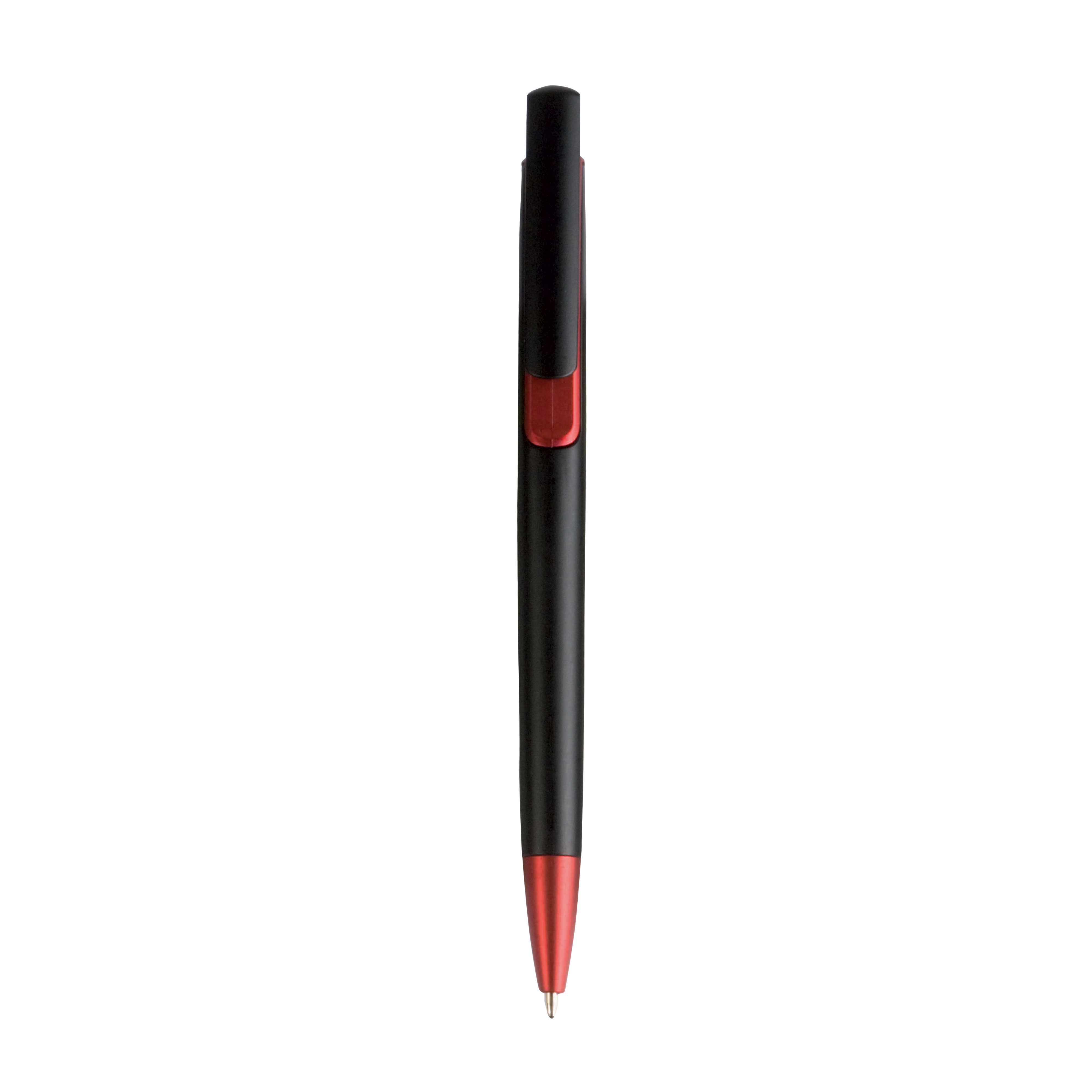 Plastic snap pen with black barrel and metallic tip and detail Red