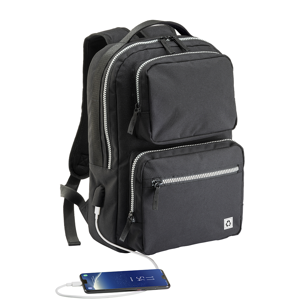 Laptop backpack in R-pet with external USB port Black