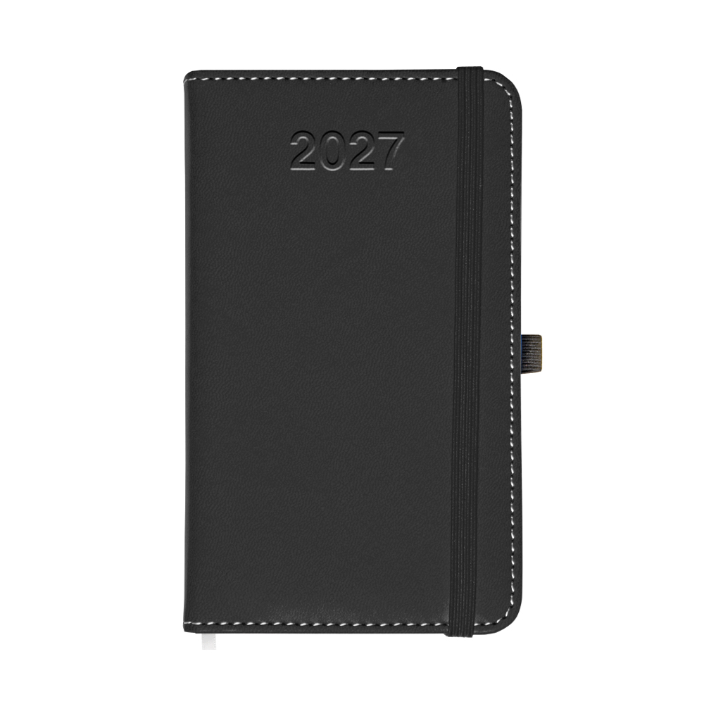 2027 daily pocket diary, thermo-varnished PU hard cover with perimeter stitching Black
