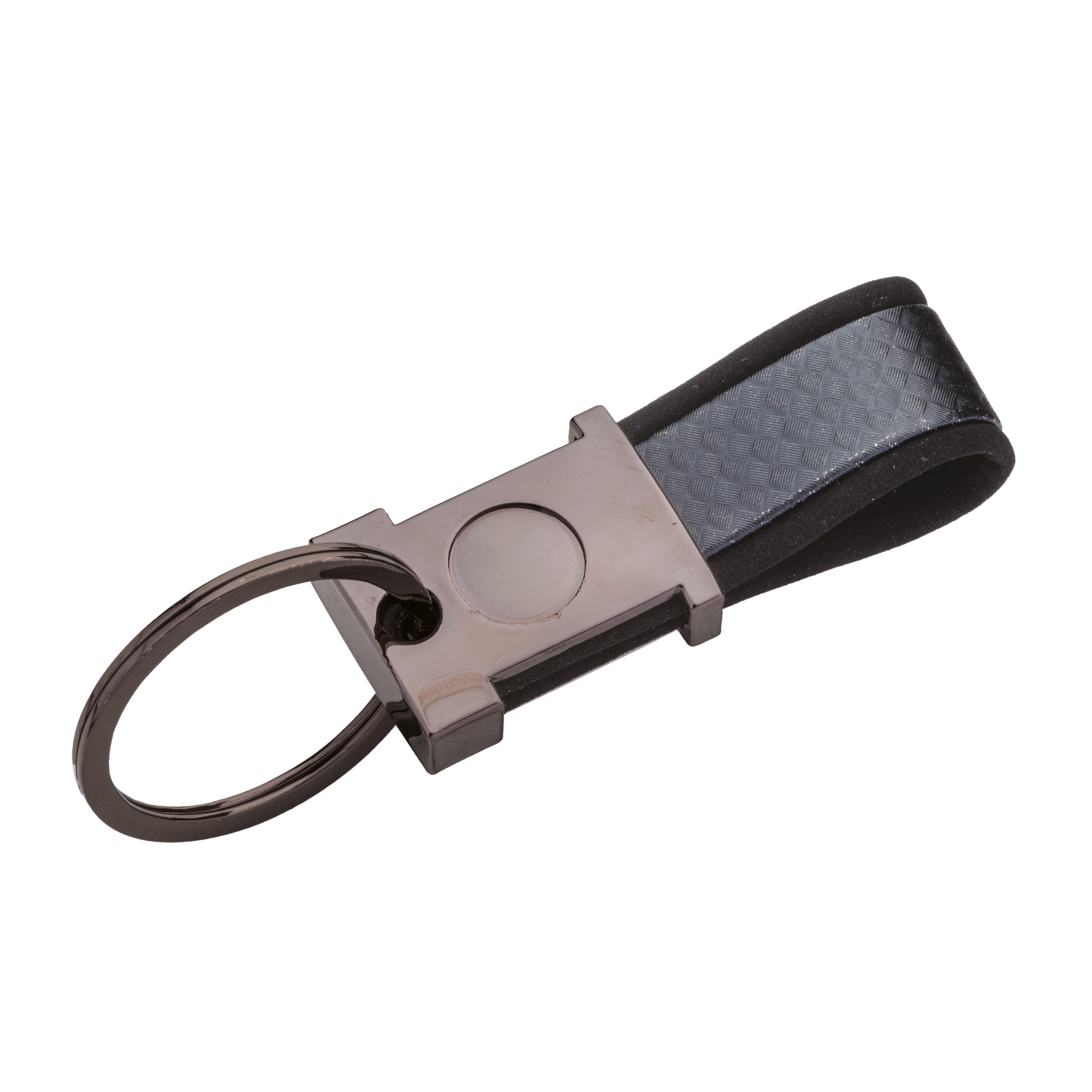 Keyring in burnished metal and two-tone PU, with space suitable for resin logo Black