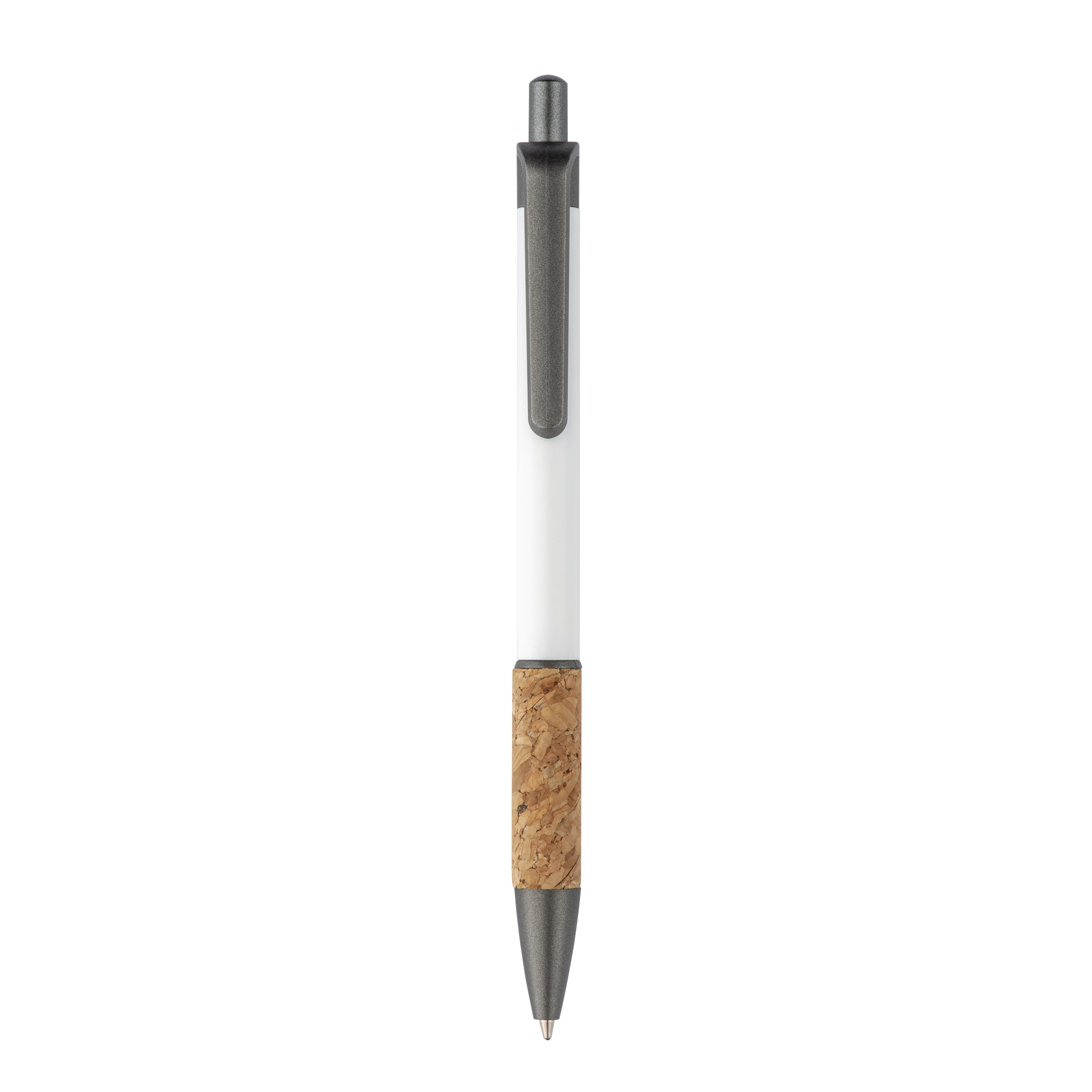 Aluminum pen with cork handle, burnished clip, top and tip White