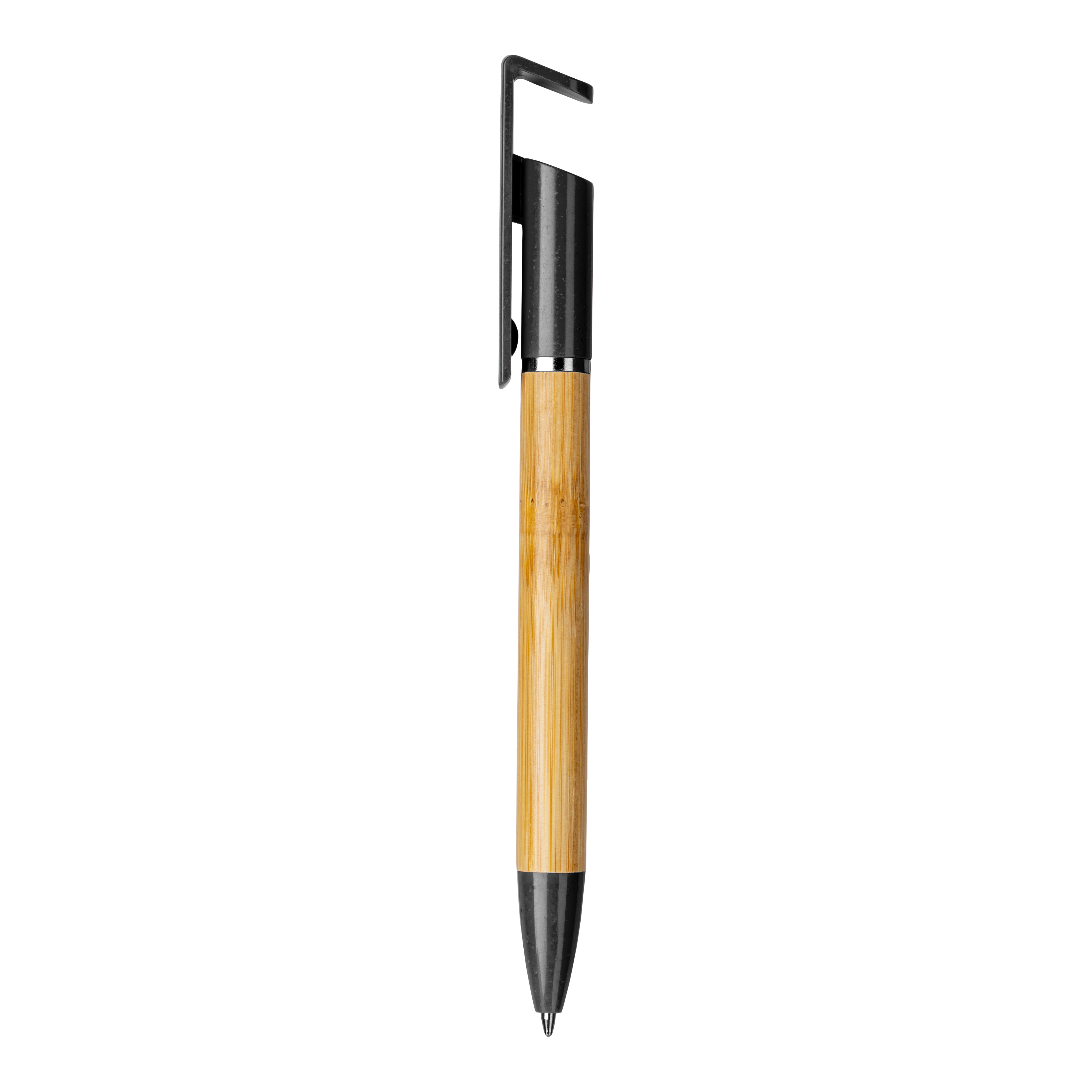 Bamboo and wheat straw twist pen with mobile phone stand Black