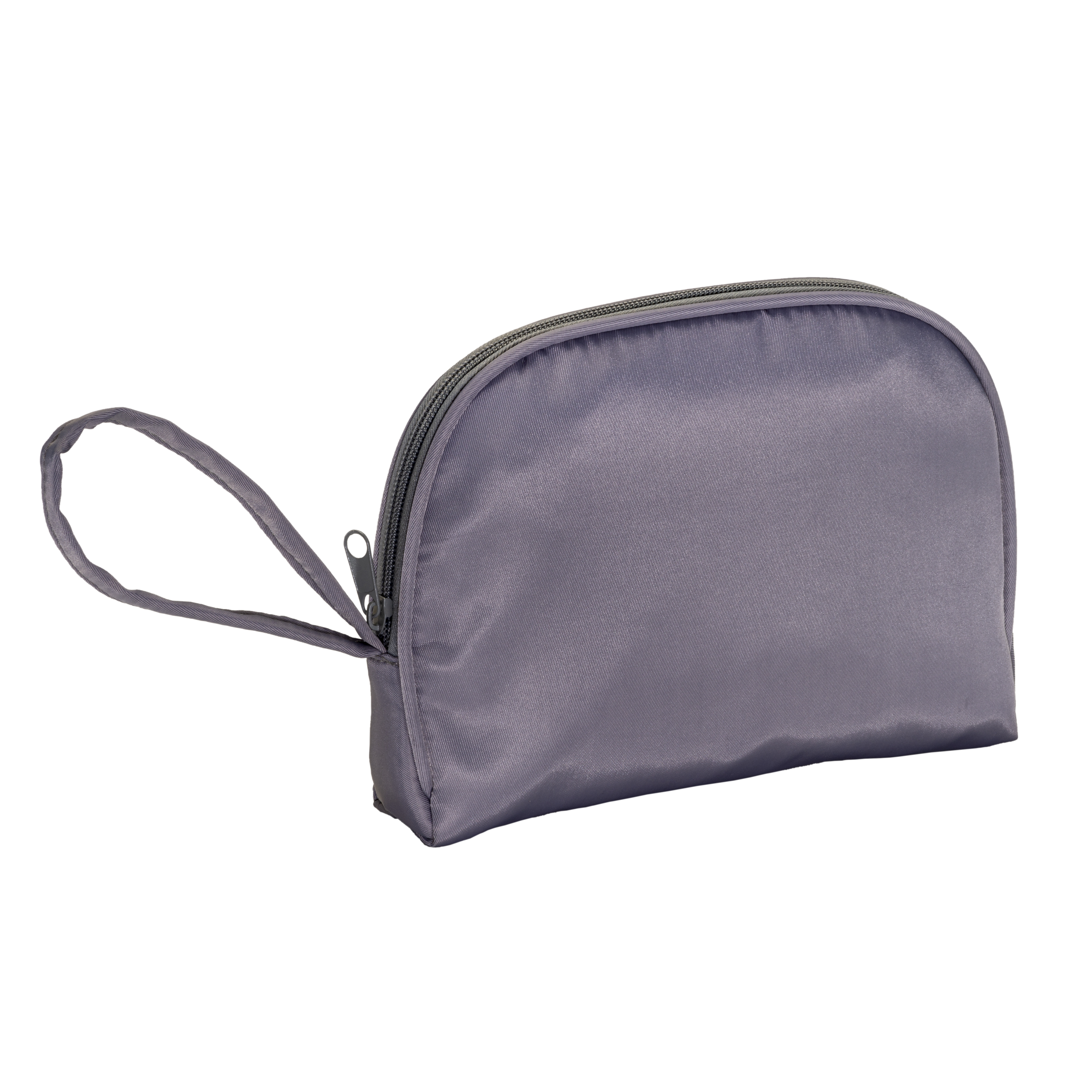 Soft polyester beauty case with practical carrying handle. Zipper closure and inner lining Grey