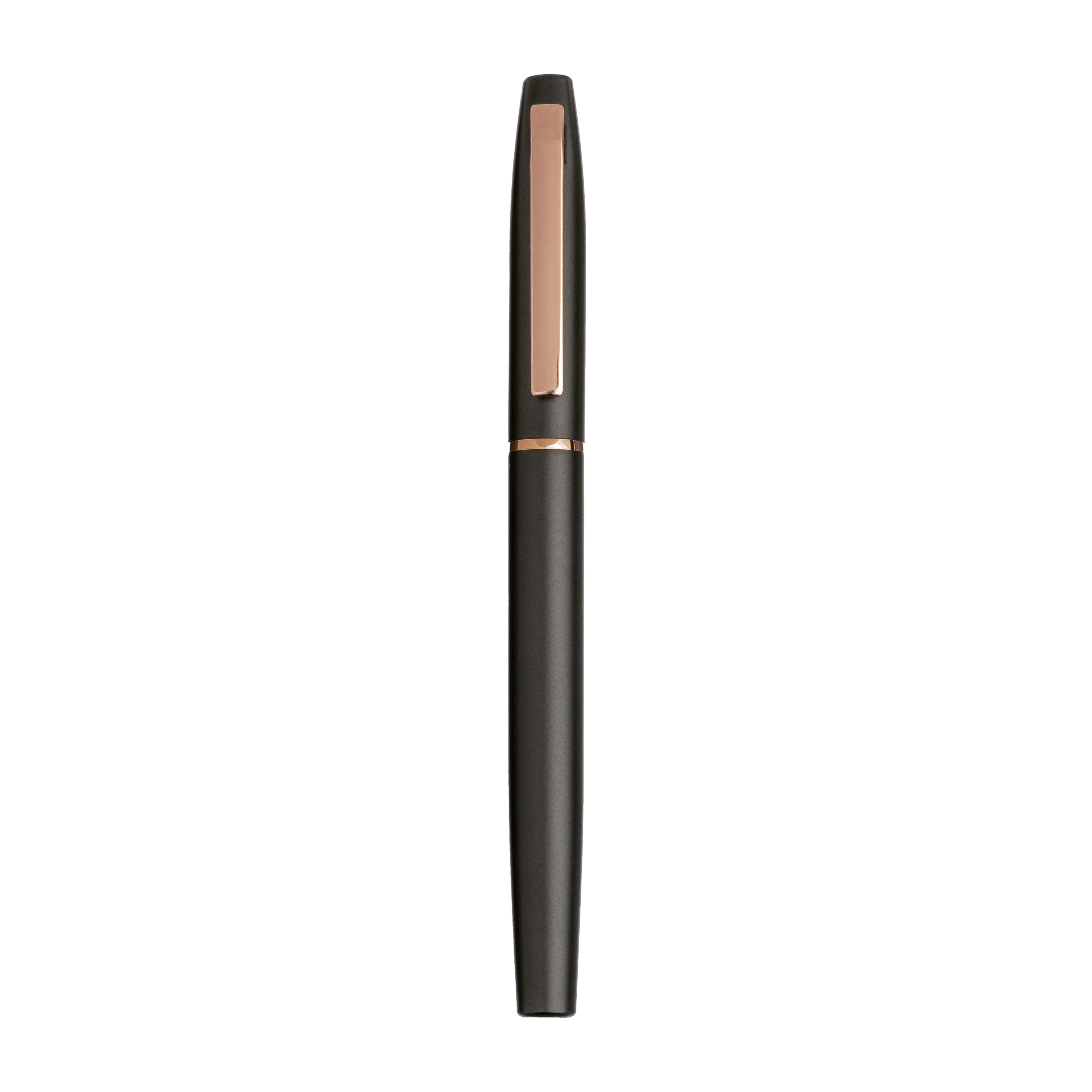 Recycled aluminum pen. GEL ink and rose gold details with cardboard box Black
