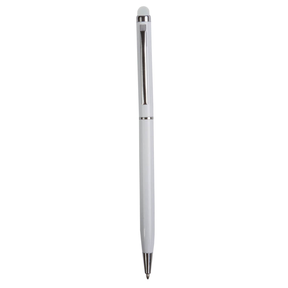 Twist pen with metal clip and barrel, and matching touchscreen rubber tip White