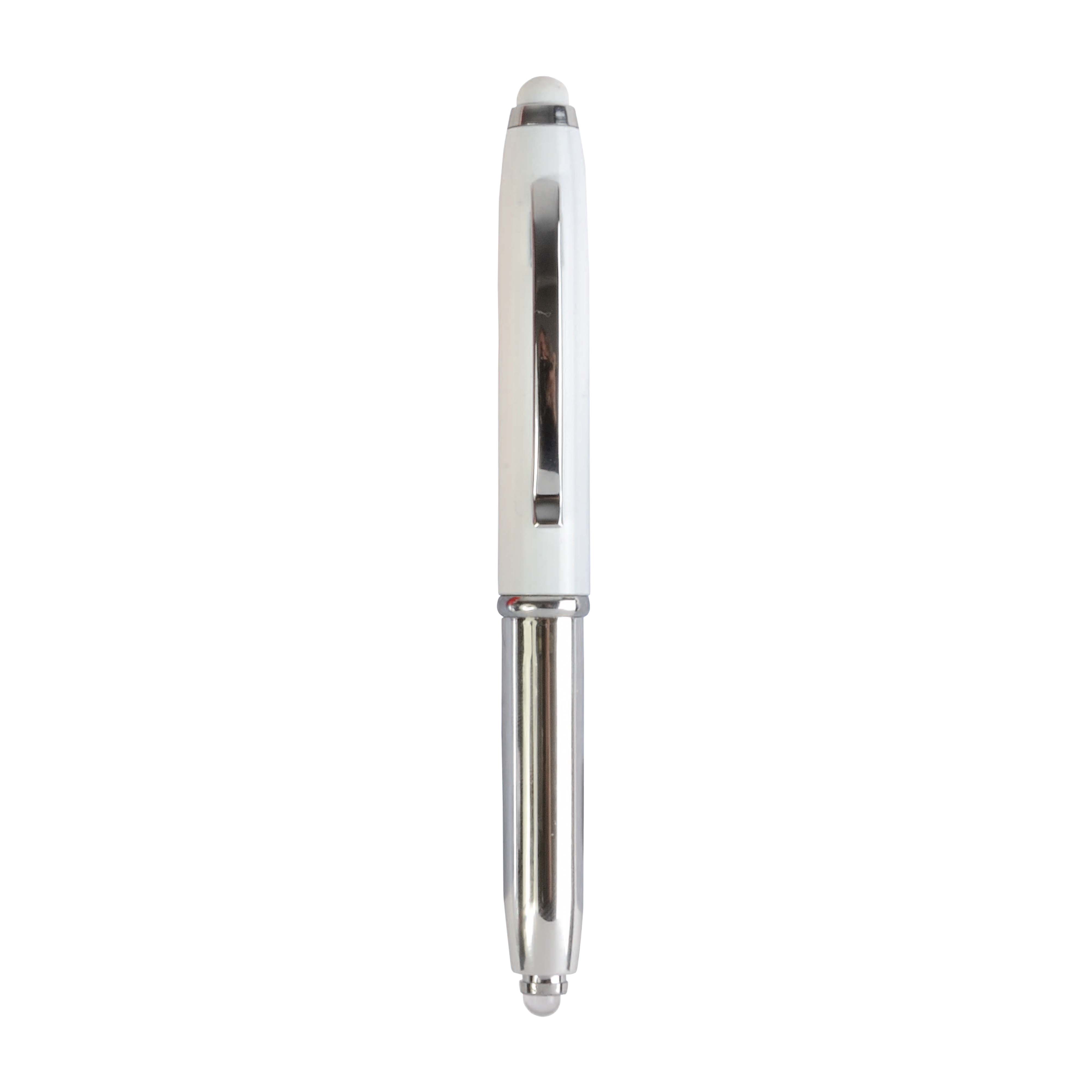 Mini silver plastic pen with metal lid and clip, light and touchscreen rubber tip White