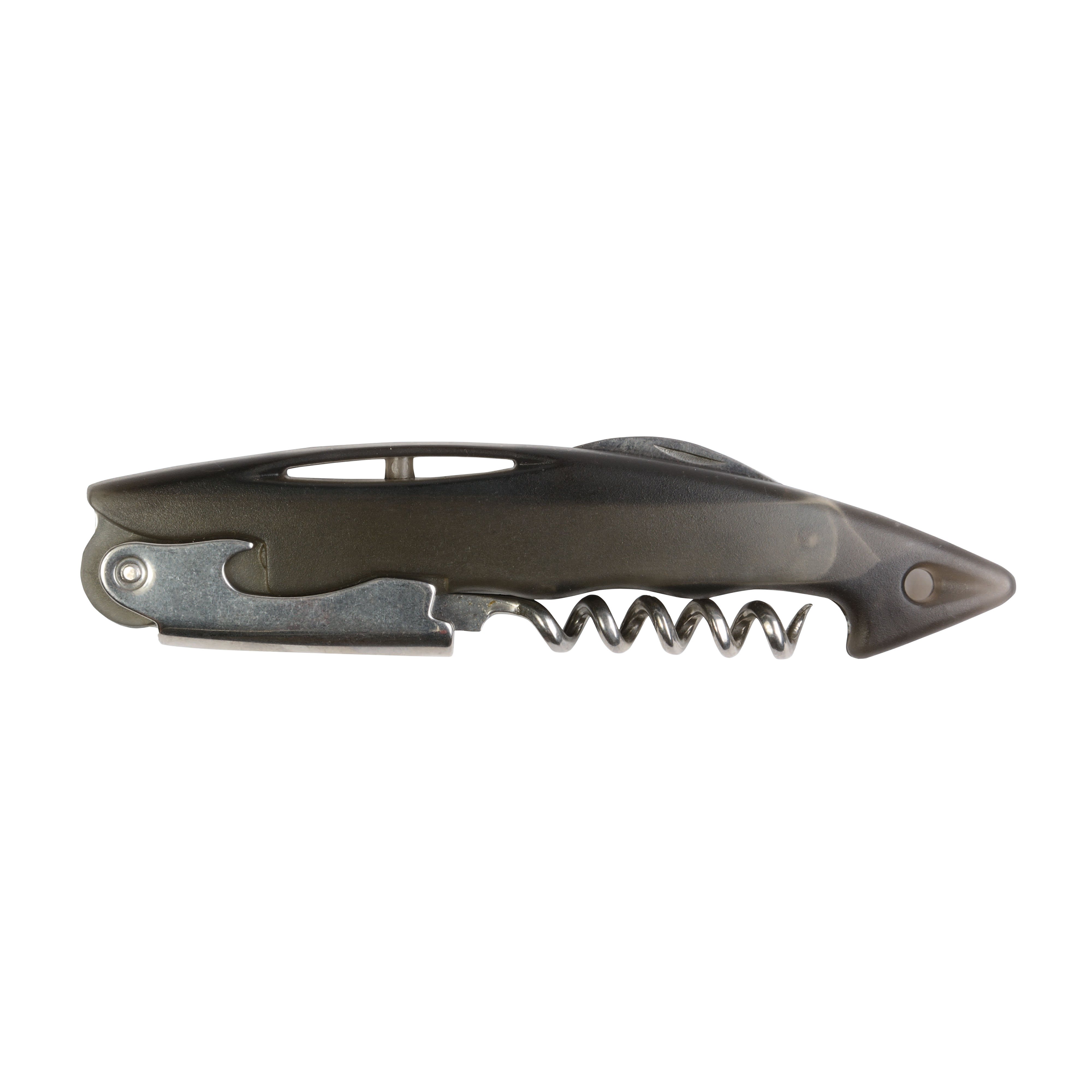 Bottle opener with corkscrew and foil cutter, transparent plastic with metal tools Black