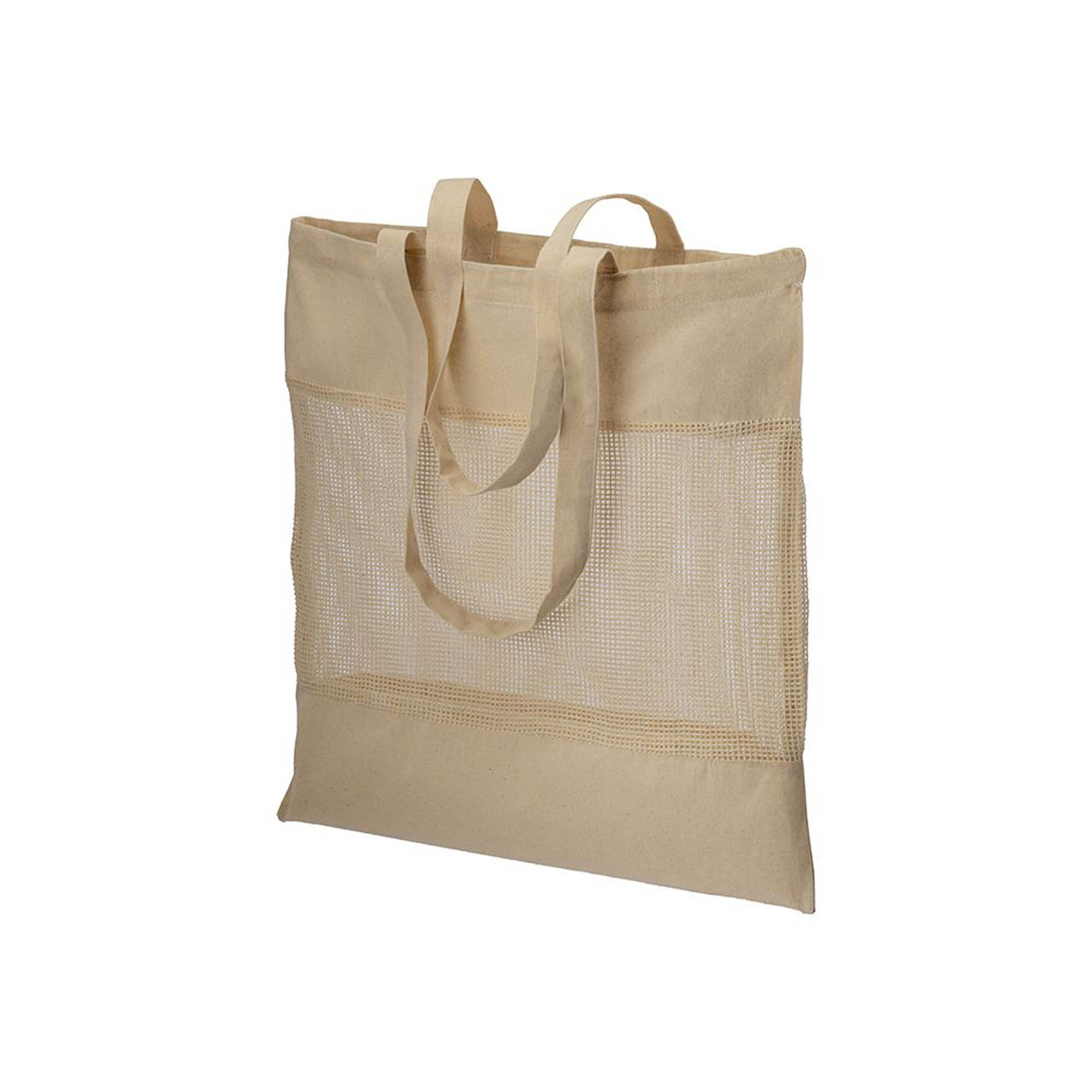 135 g/ m2 natural cotton shopping bag  with net on the central part,  long handles Natural