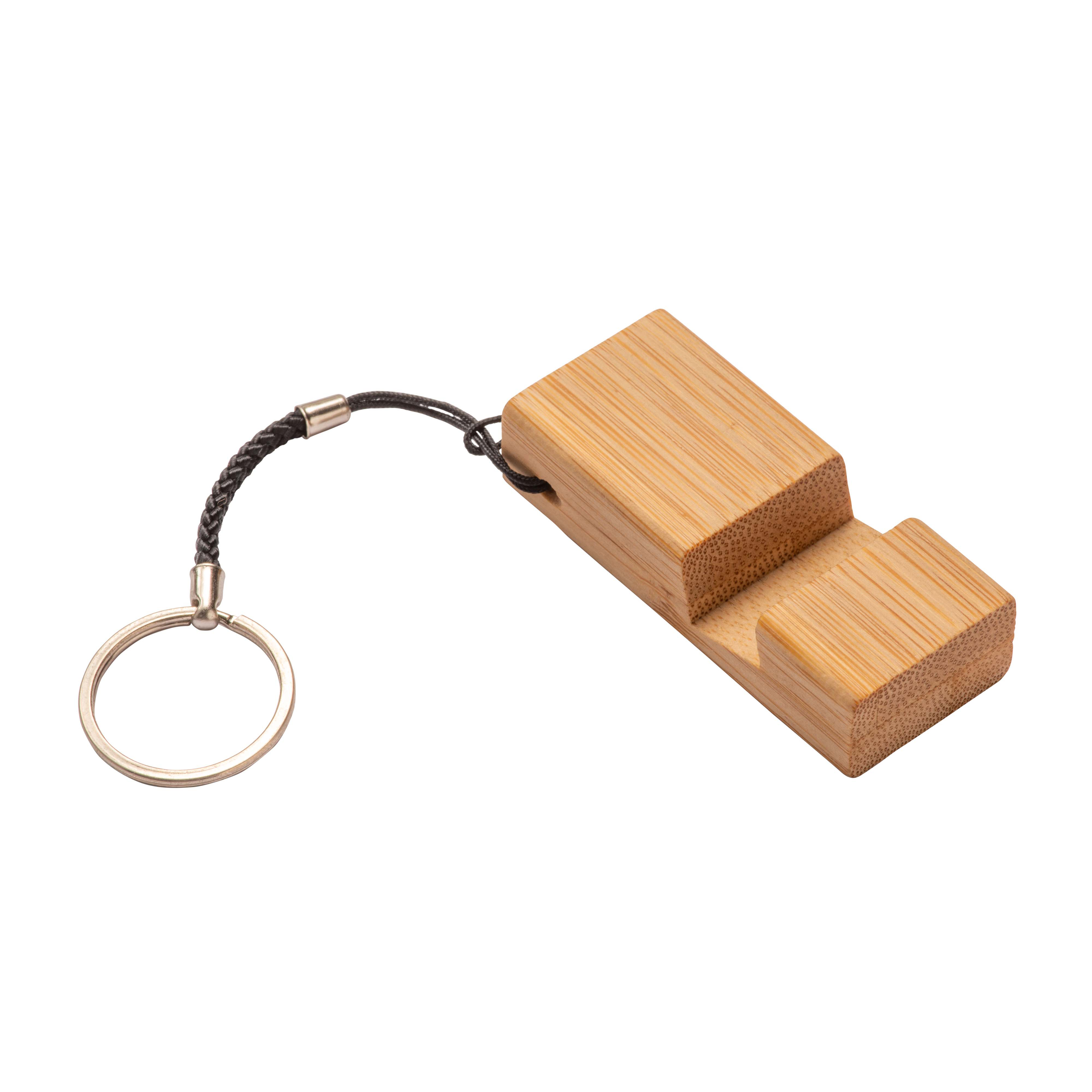 Rectangular bamboo keychain with  mobile phone stand Natural