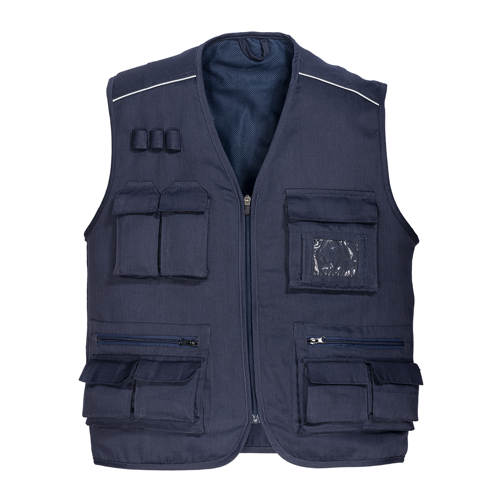 Polycotton multi-pocket vest, zipper closure, 5 front pockets Blue L