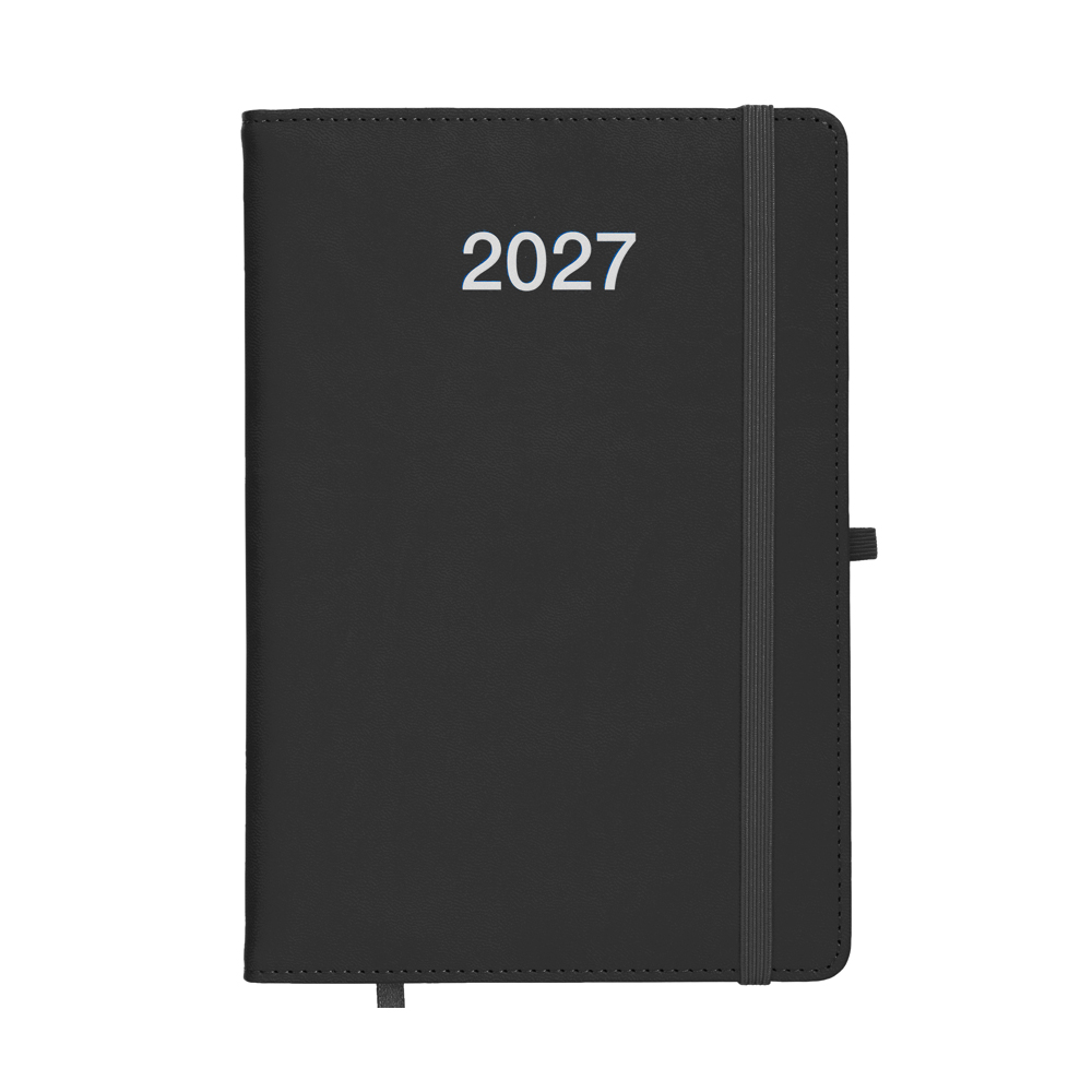 Daily planner 2027, thermo-varnished PU hardcover with perimeter stitching Black