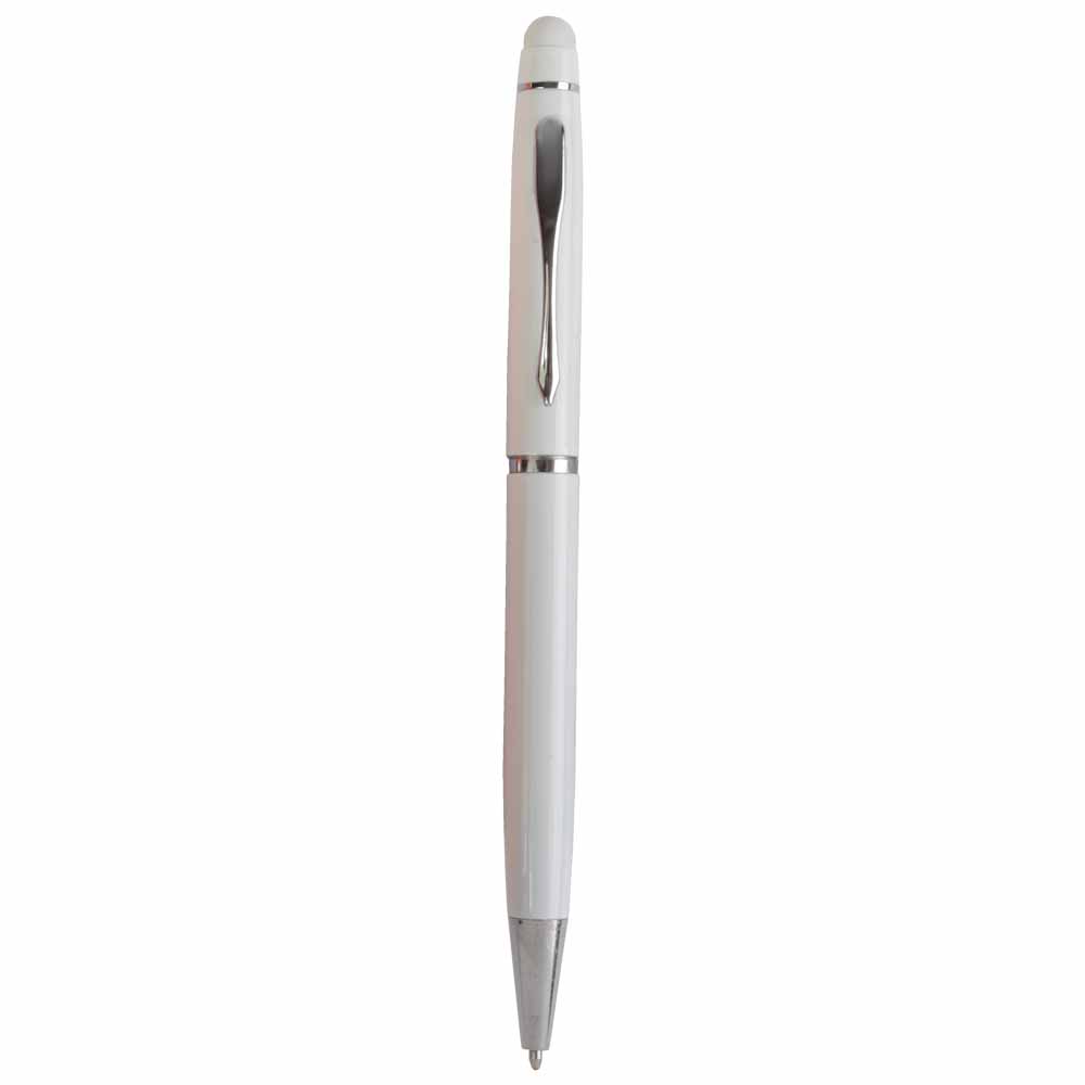 Metal coloured twist pen with matching touchscreen rubber tip White