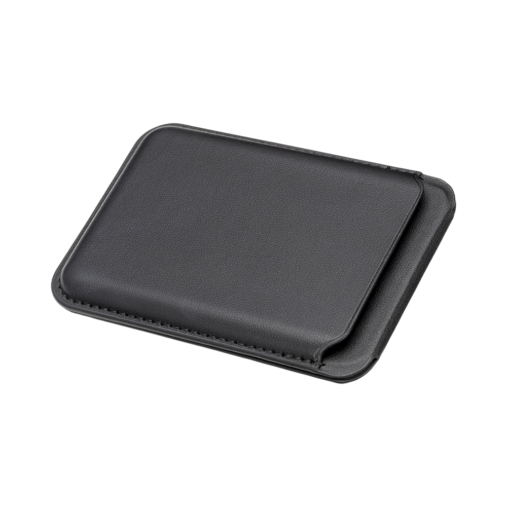 Magnetic card holder in soft PU. With phone stand Black