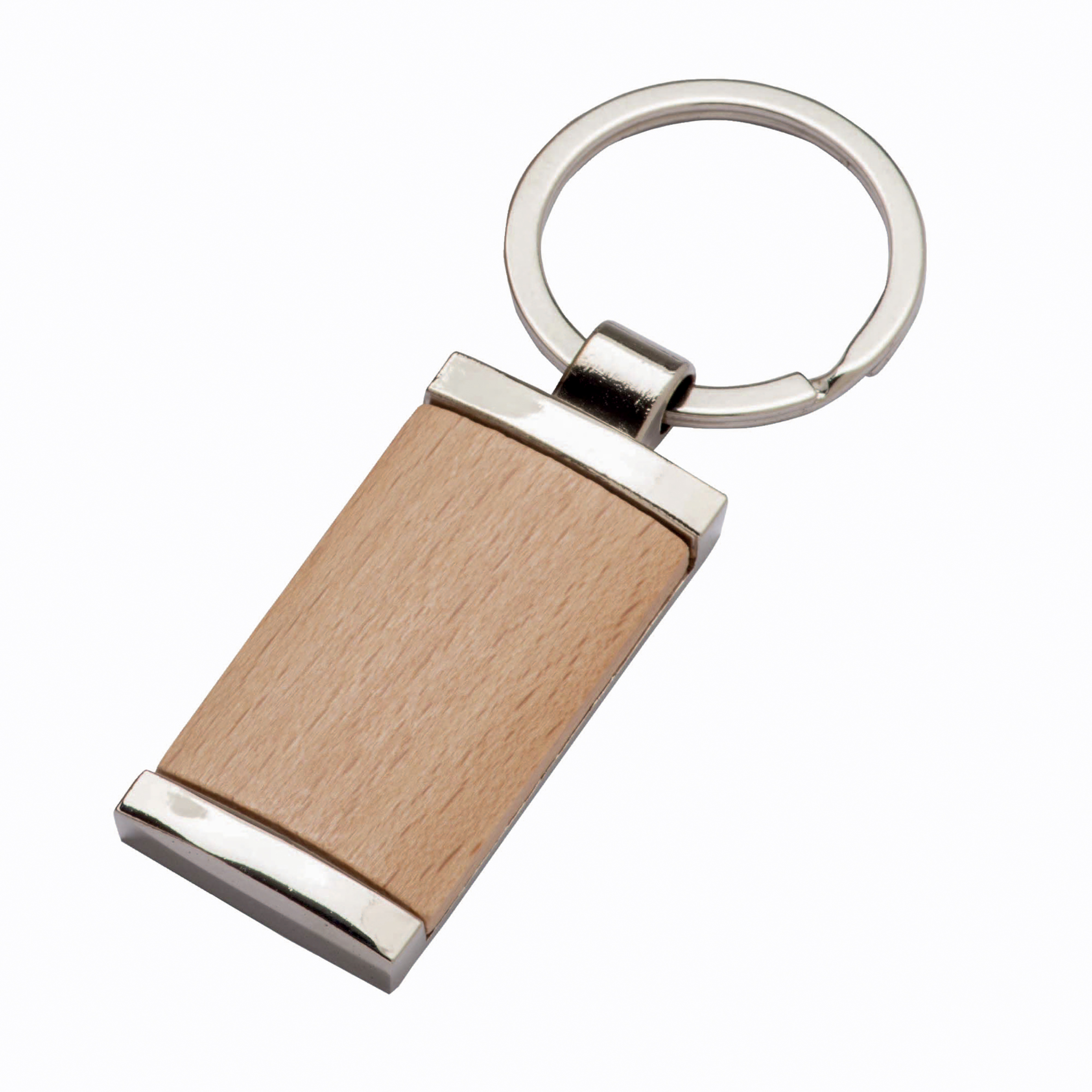Ectangular metal keychain, with wooden front detail Natural