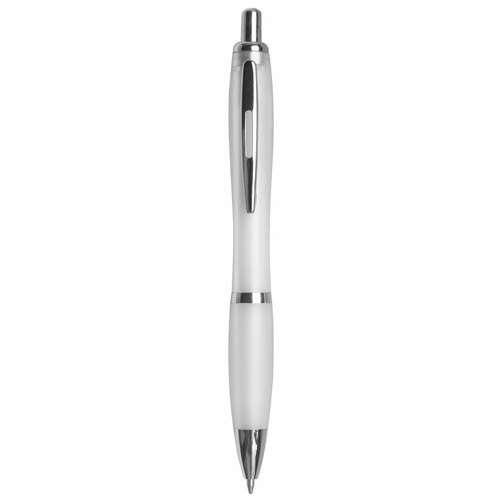 Plastic snap pen with coloured barrel, matching rubberised grip and metal clip White