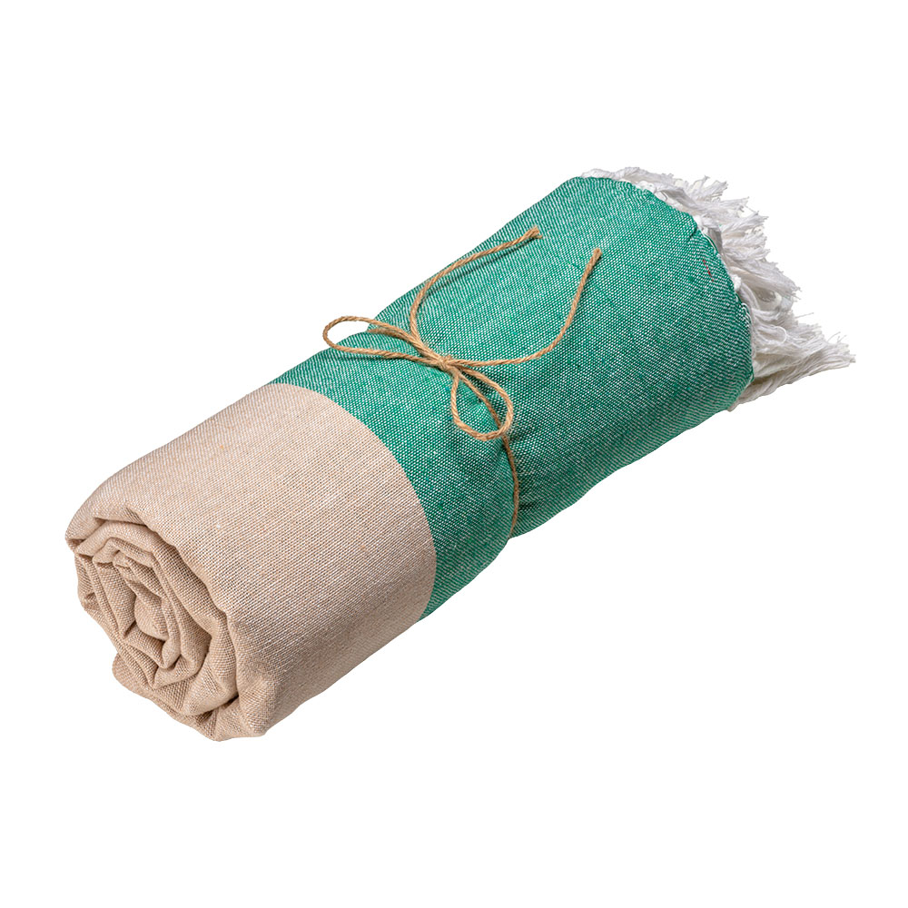Recycled cotton beach towel 180 g/m2. Melange effect and fringes Green