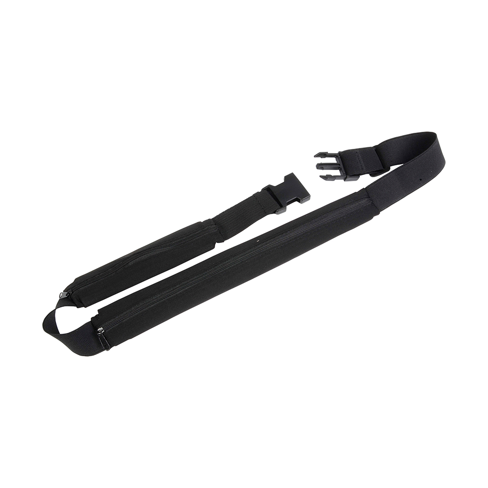 Slim, spandex 2-pocket waist bag with adjustable waist strap and clip closure Black