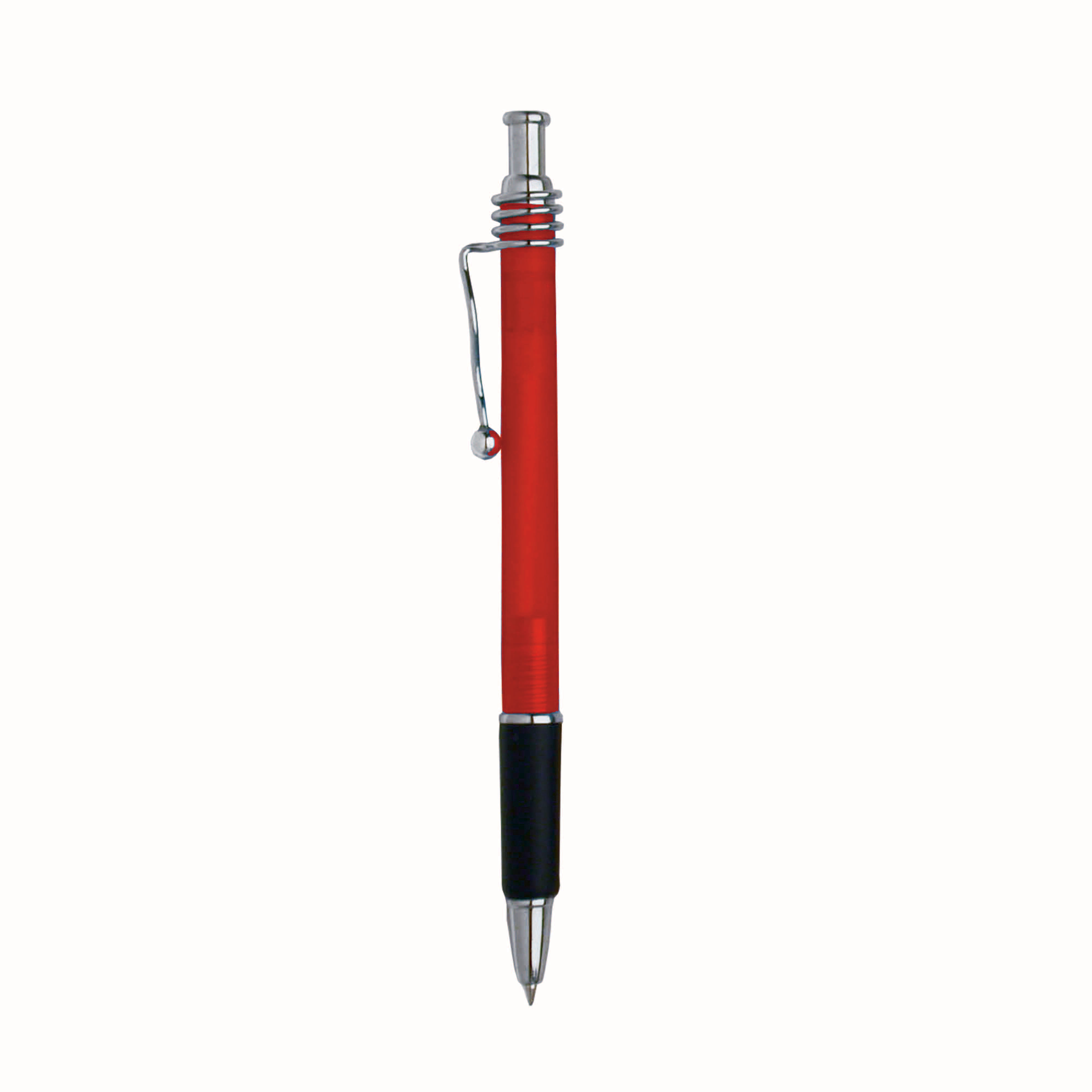 Snap pen with frosted barrel, metal wavy clip and rubberised grip Red