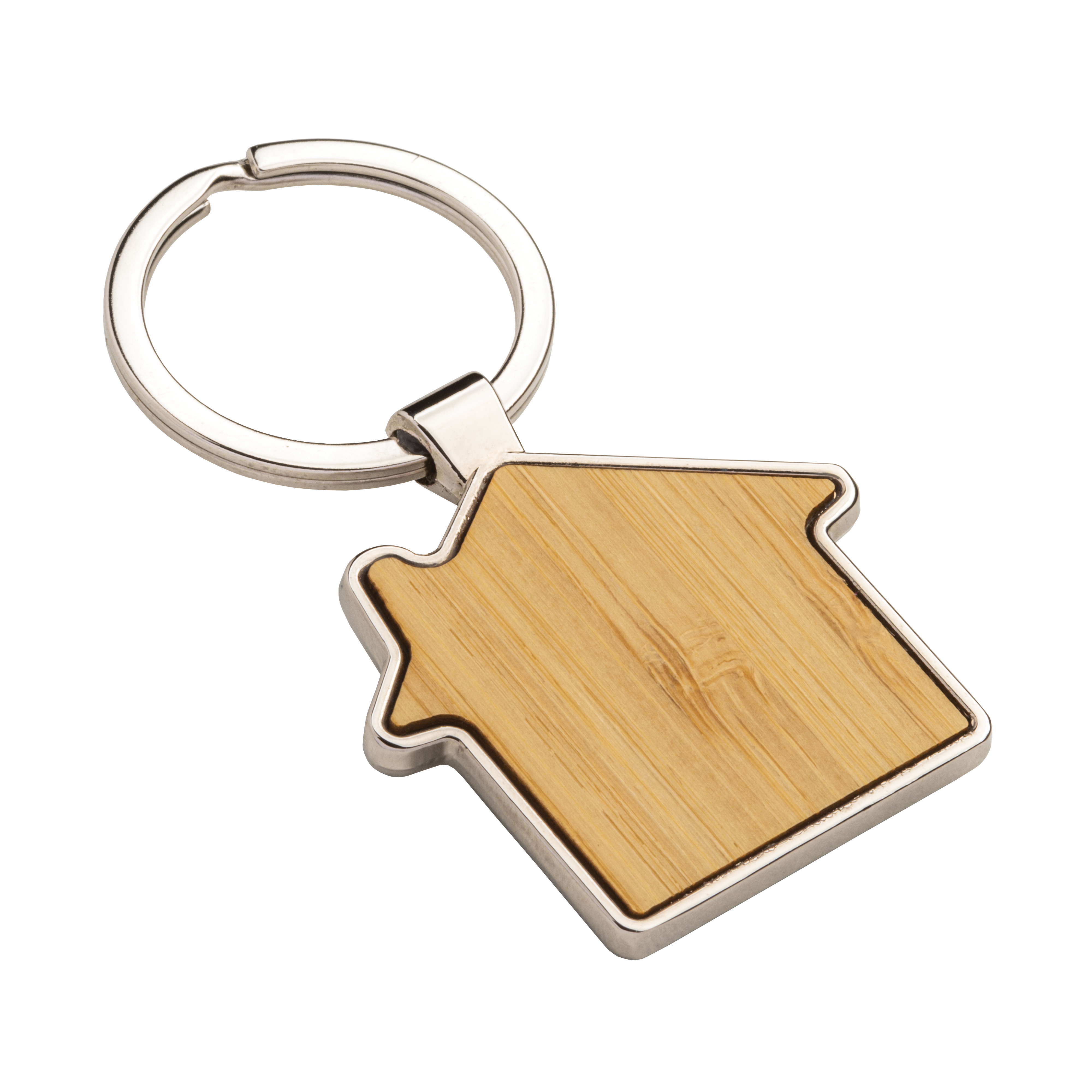 Metal keychain in the shape of a small house, with bamboo front detail Natural