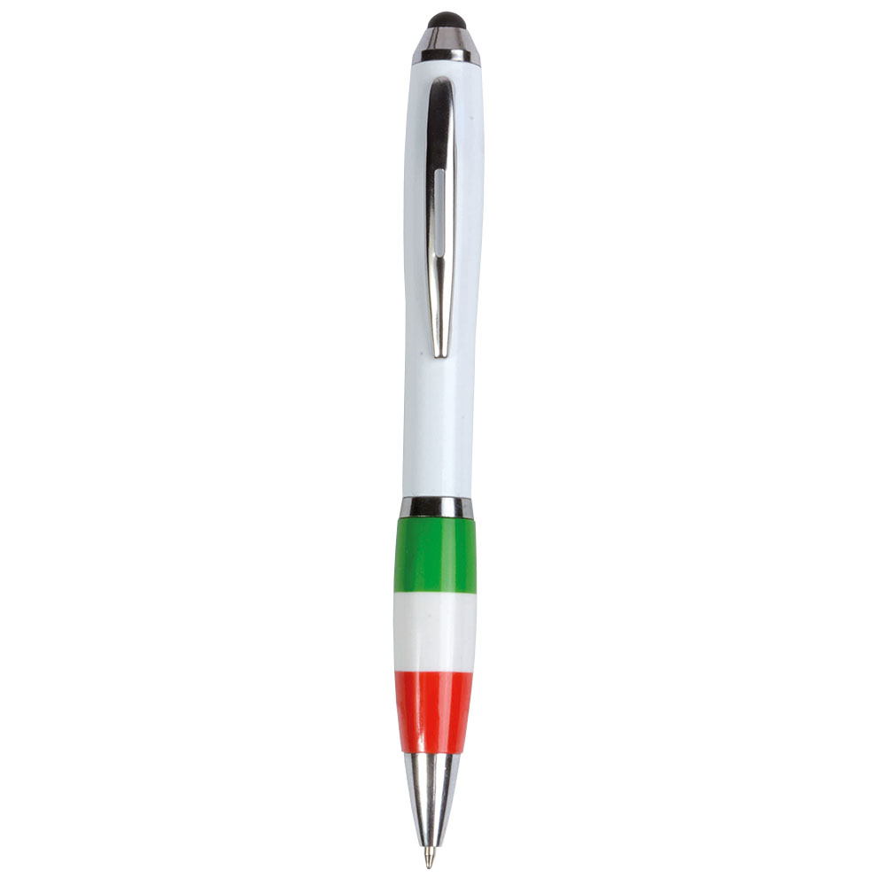 Plastic twist pen with white barrel, Italian flag-coloured grip and touchscreen rubber tip Tricolourit