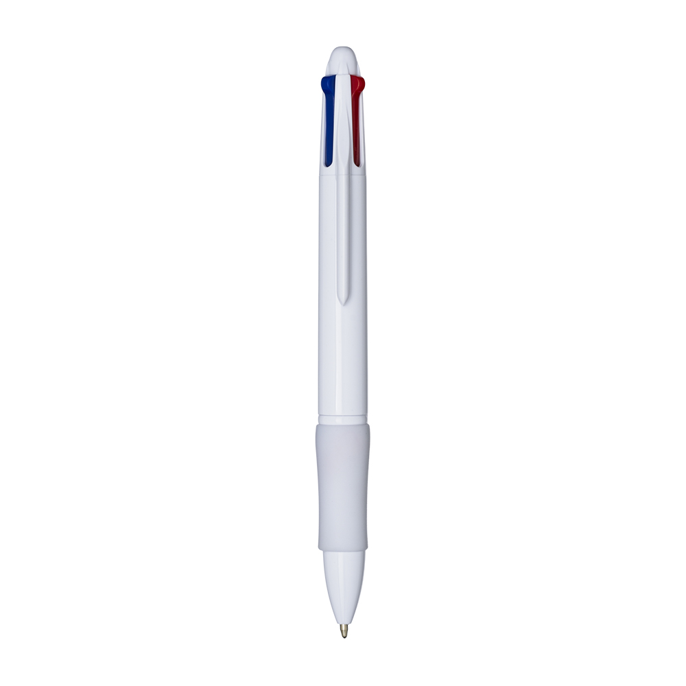 Click pen in plastic with 4 refills. Rubberized grip White