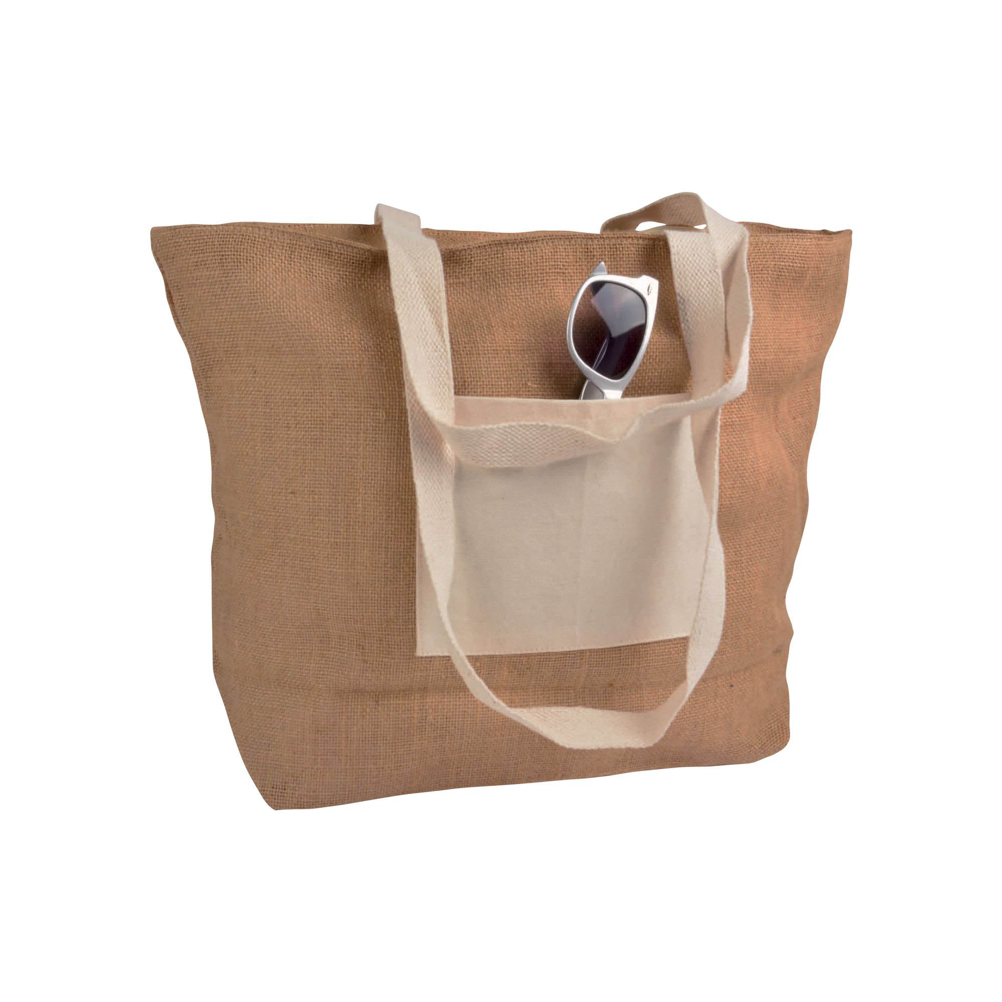 Jute shopping bag with bottom gusset  in natural cotton, zip closure Natural