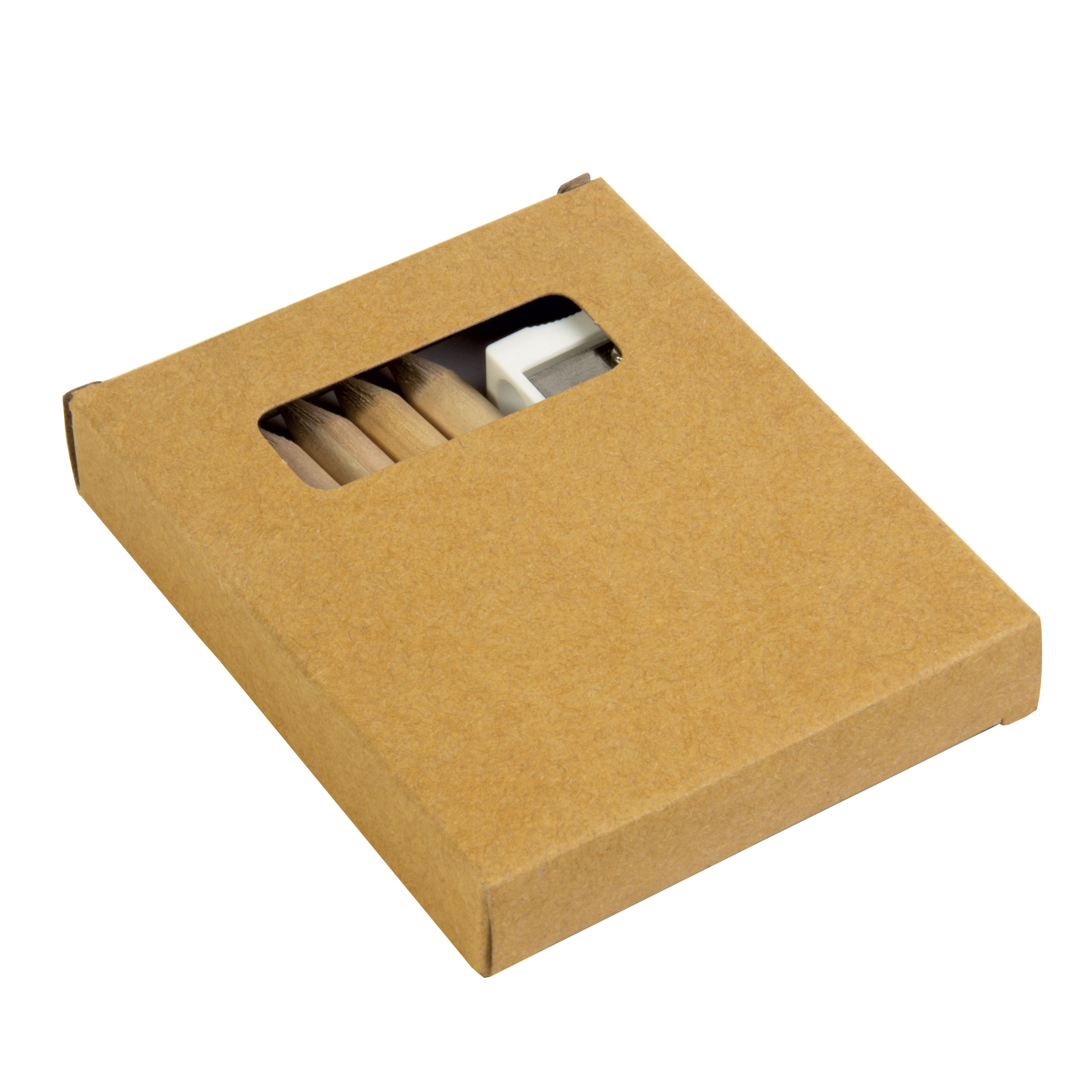Set of 6 coloured wooden pencils, plastic sharpener and drawing album, in cardboard box Natural