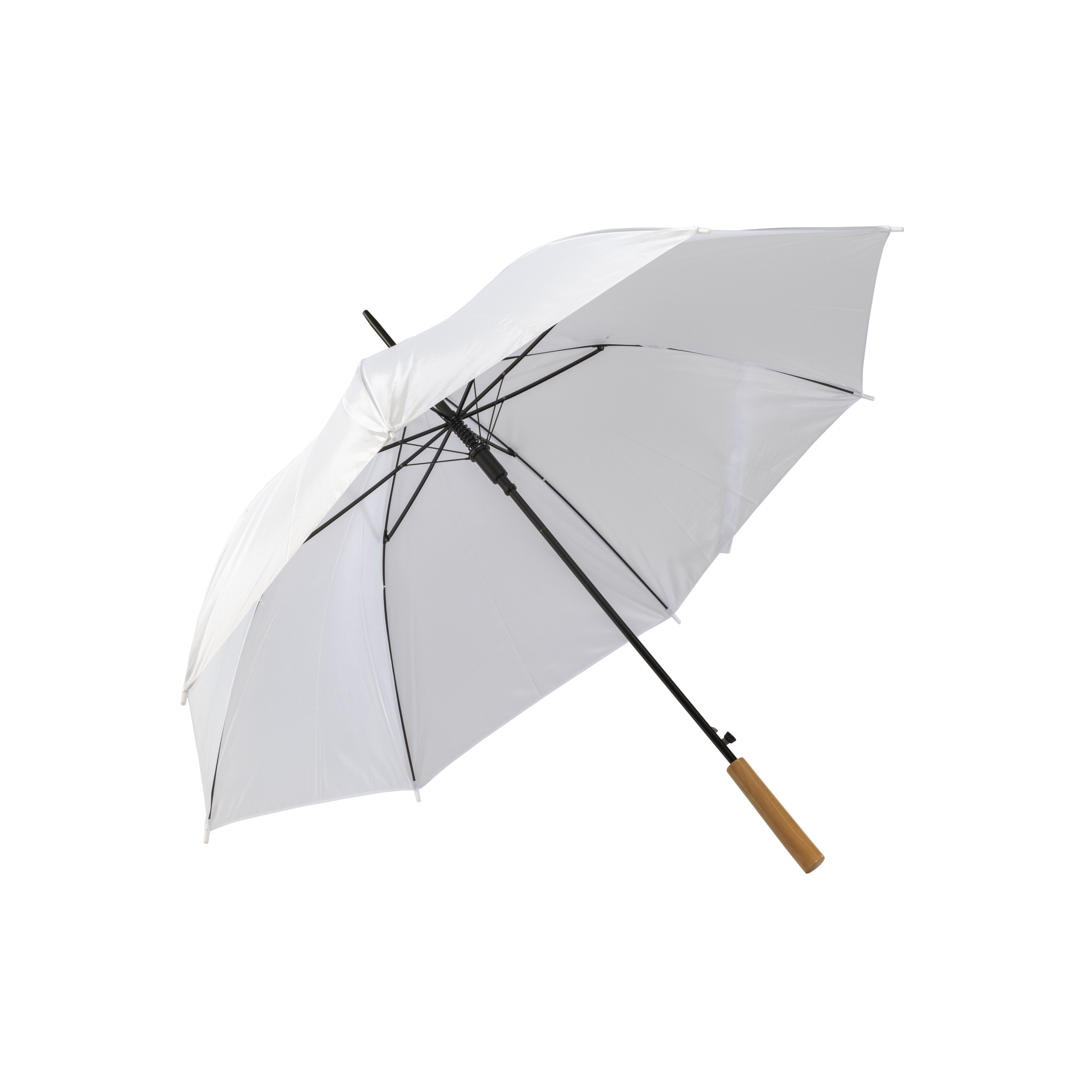 Golf umbrella with automatic opening with wooden handle, metal frame and fibreglass frame White