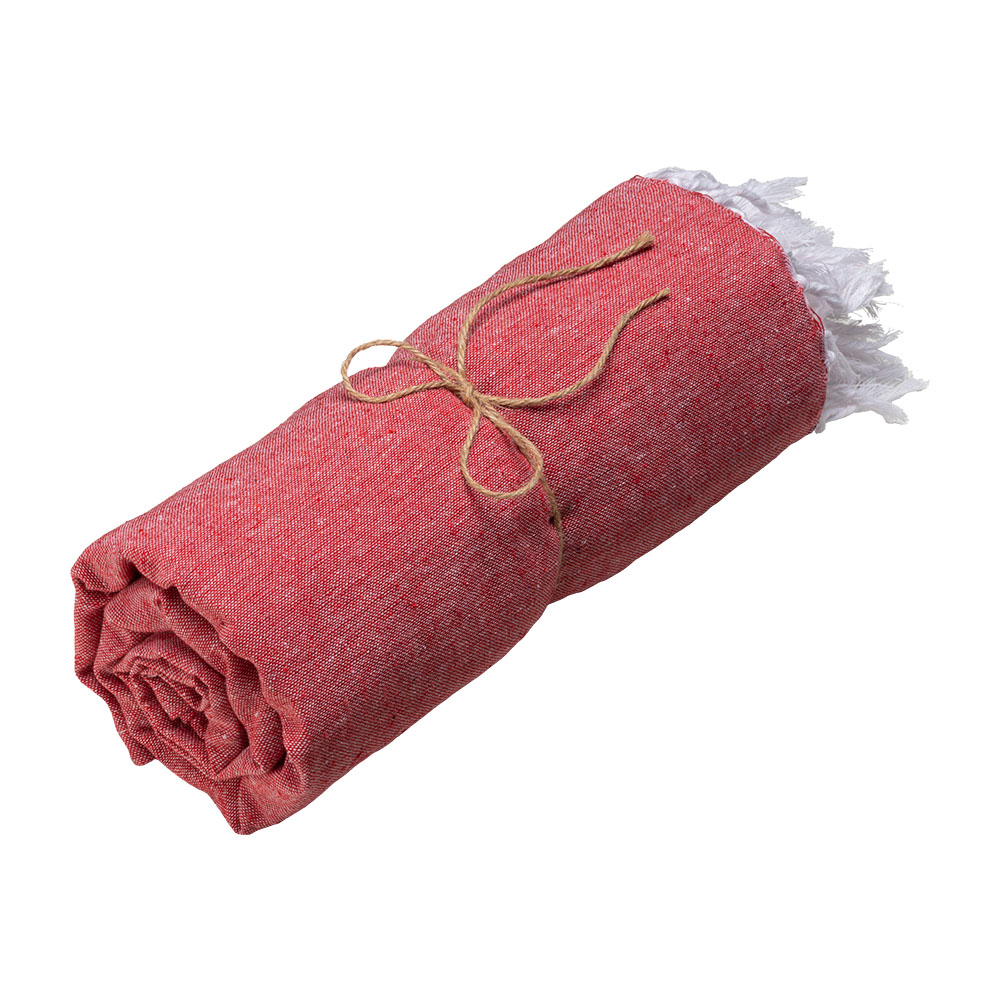 Recycled cotton beach towel 150 g/m2. Melange effect and fringes Red