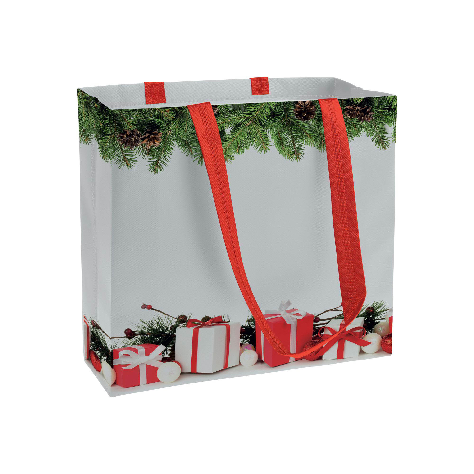 Non-woven shopping bag, long handles and gusset with themed printing Red