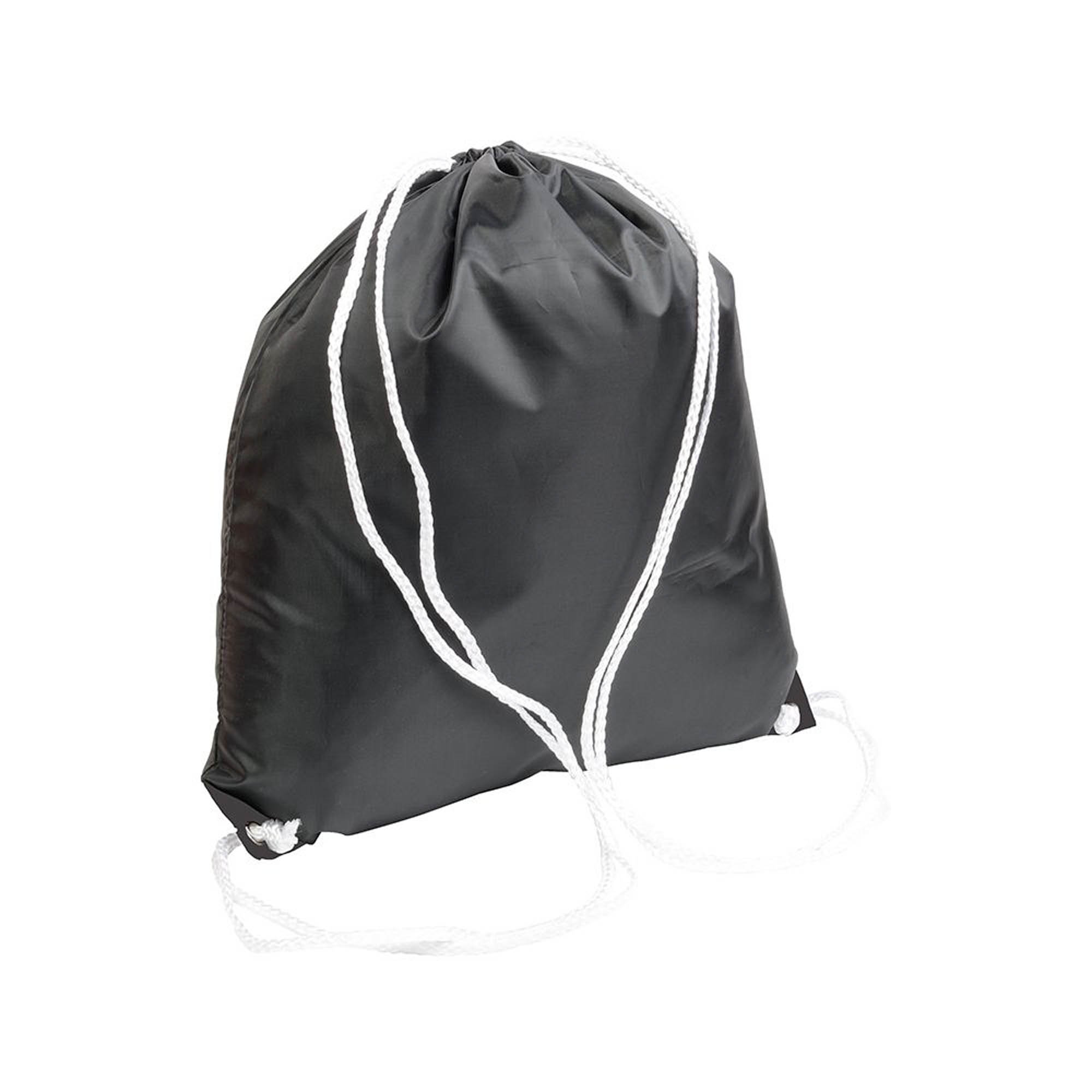 Black 210T polyester backpack with drawstring closure, reinforced black corners White