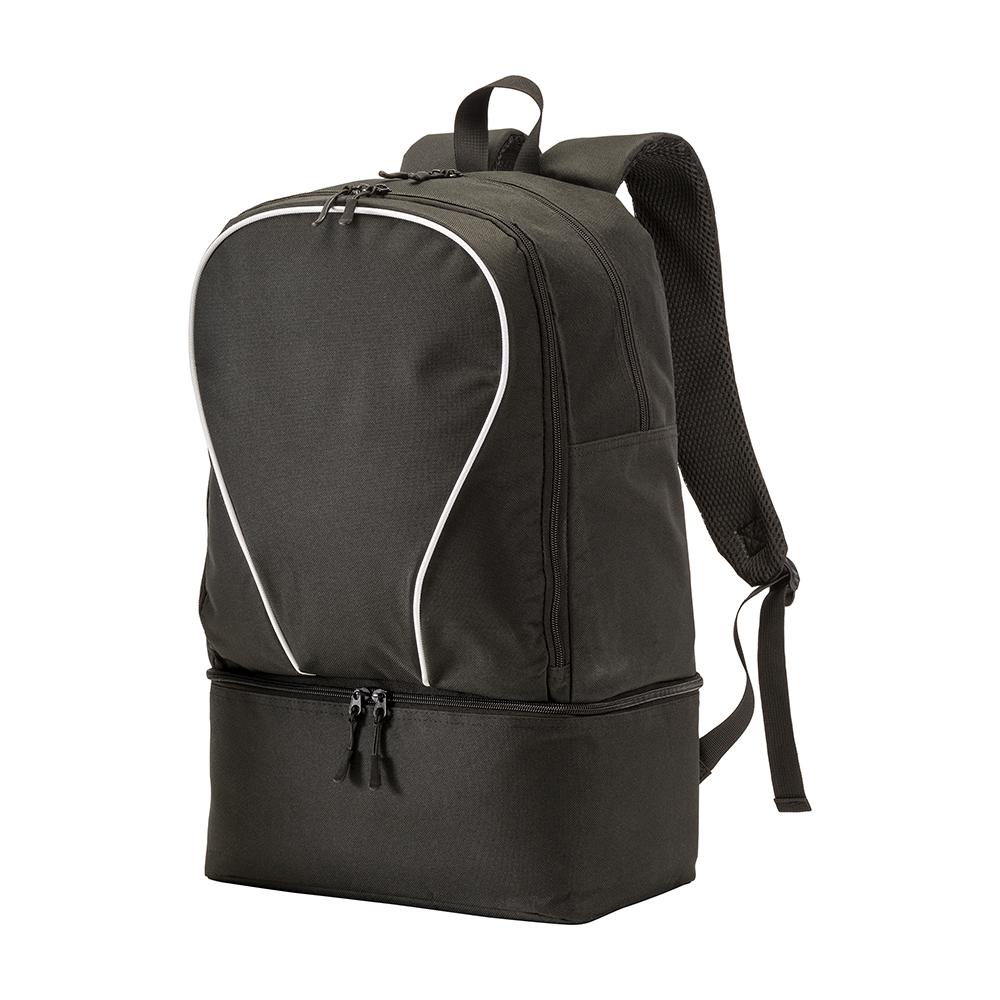 600D polyester sports backpack, large main compartment and padded shoe compartment. Black