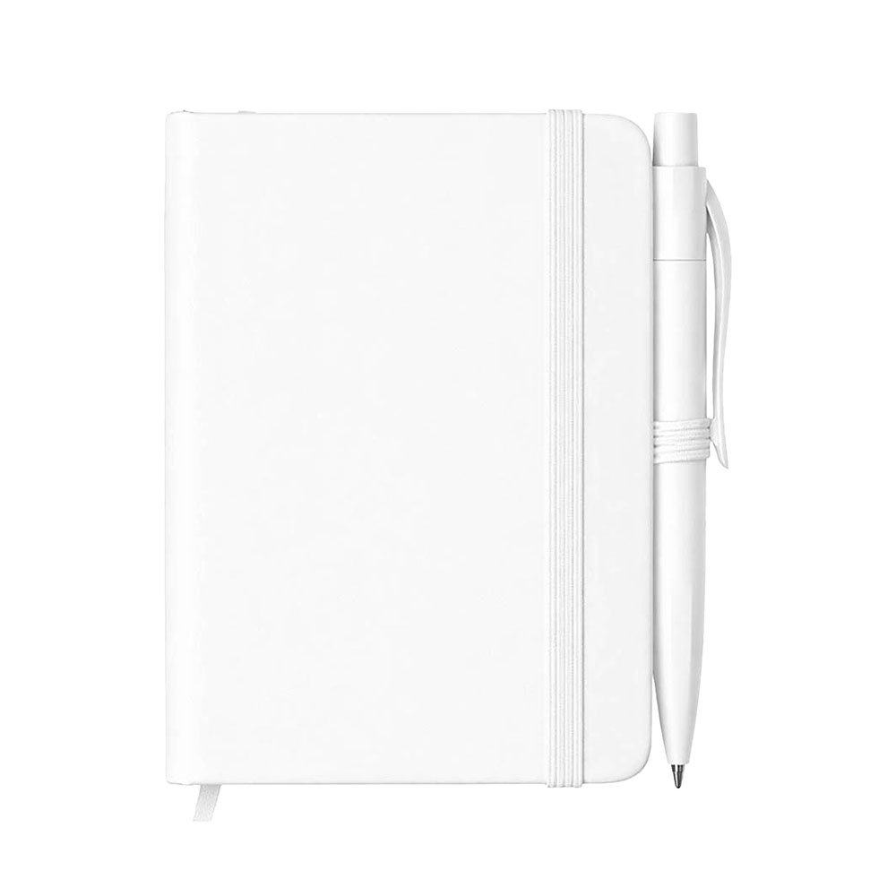 Notebook set with hard PU cover and mini pen. Elastic closure satin bookmark and box White