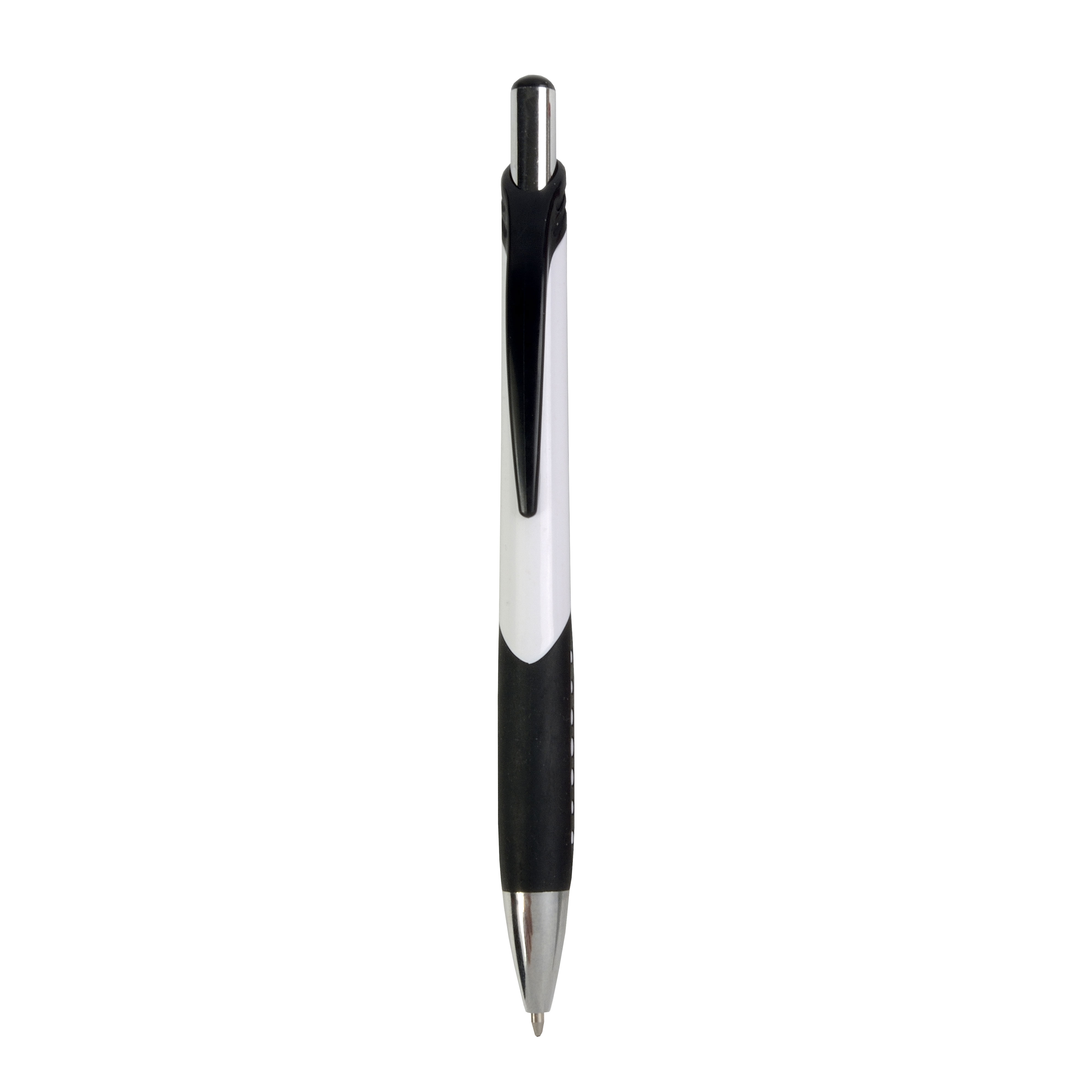 Plastic snap pen with white barrel and rubberised coloured grip to match the clip Black