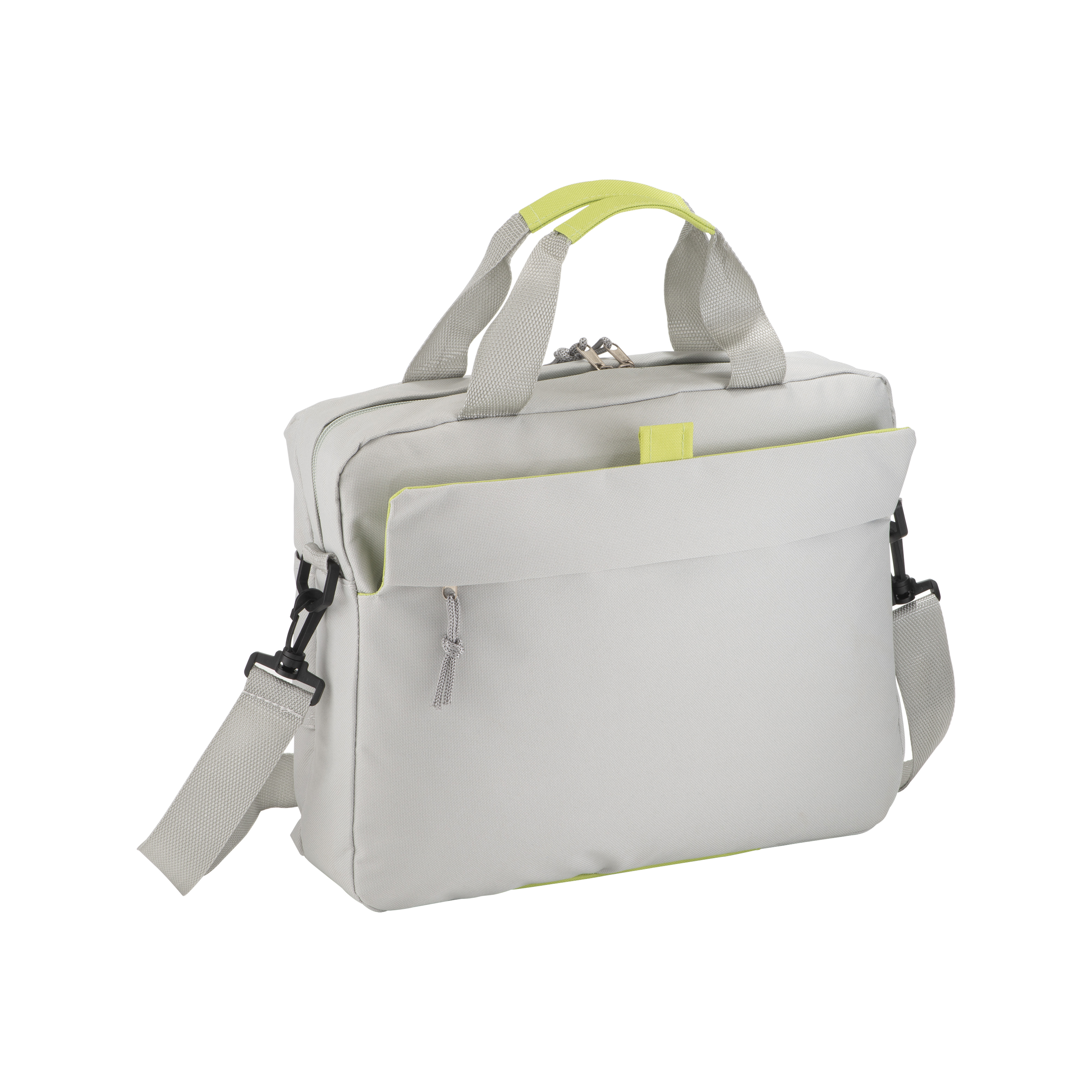 600D polyester laptop bag with adjustable shoulder strap and a band to attach it to a suit Grey green