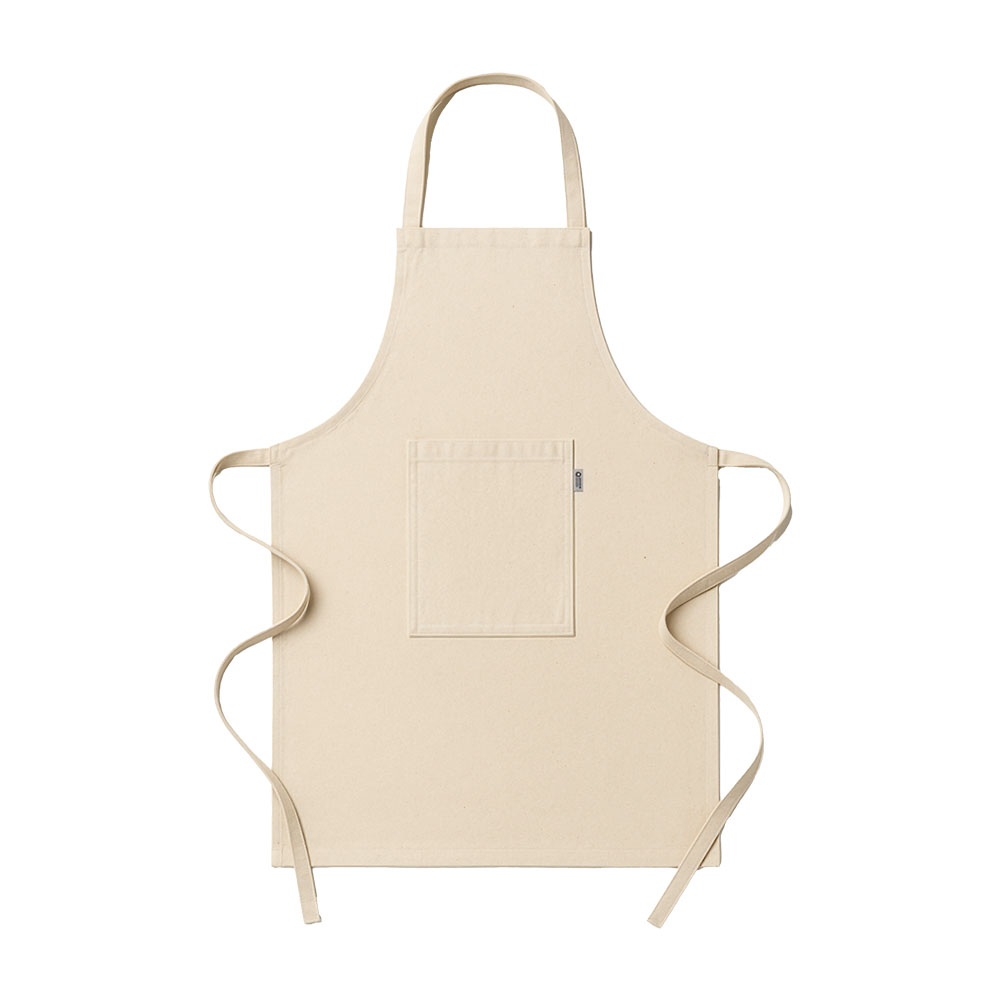 Long kitchen apron in recycled cotton (180 g/m2). Front pocket Natural