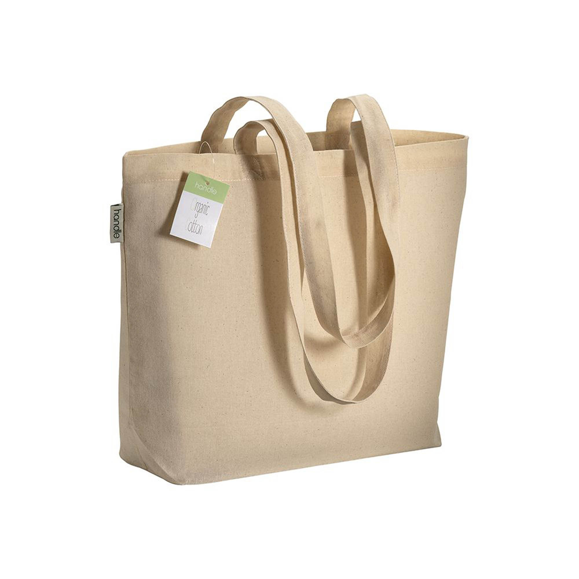 Organic cotton shopping bag, long handles and buttom gusset Natural
