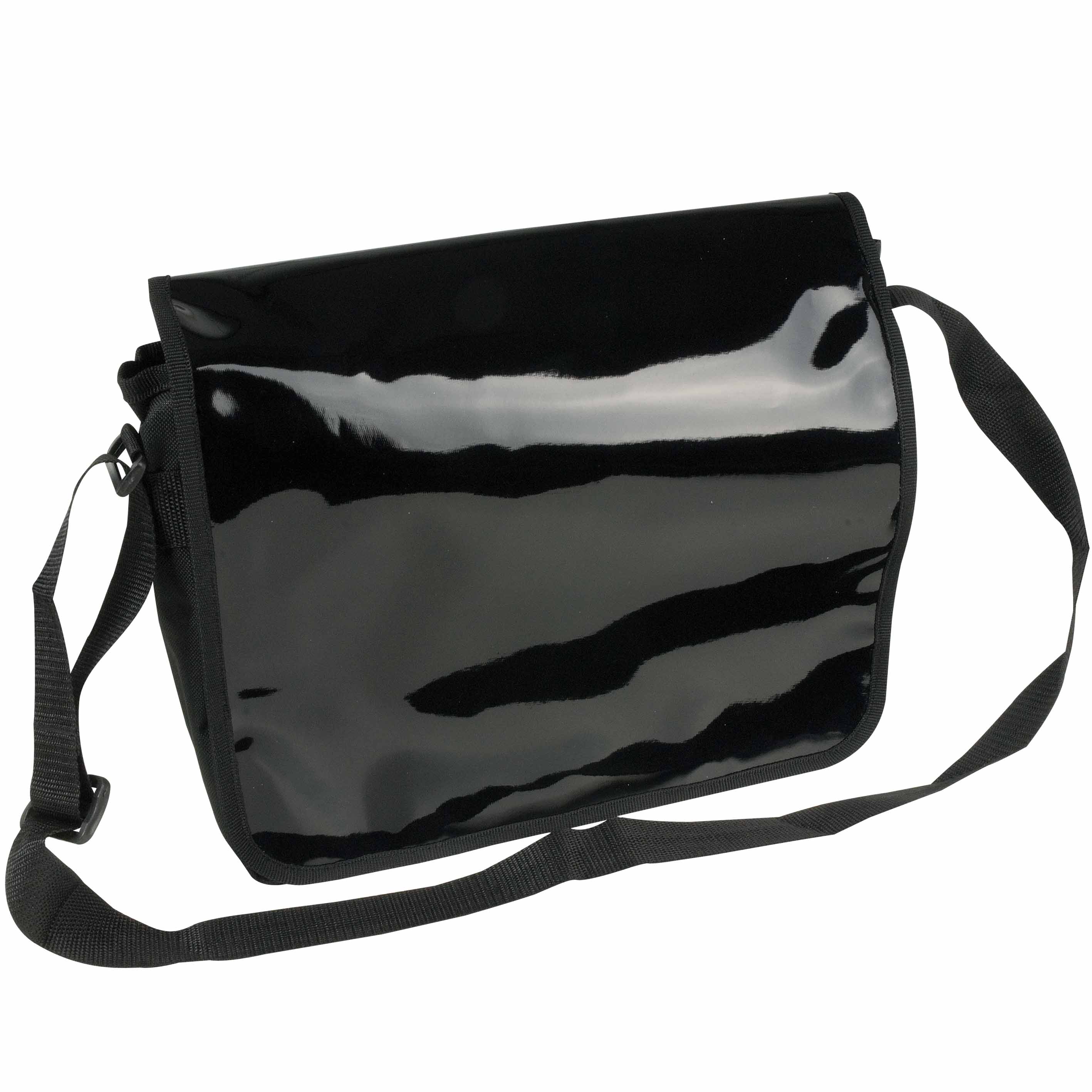 600D polyester book bag with adjustable shoulder strap and shiny PVC flap Black