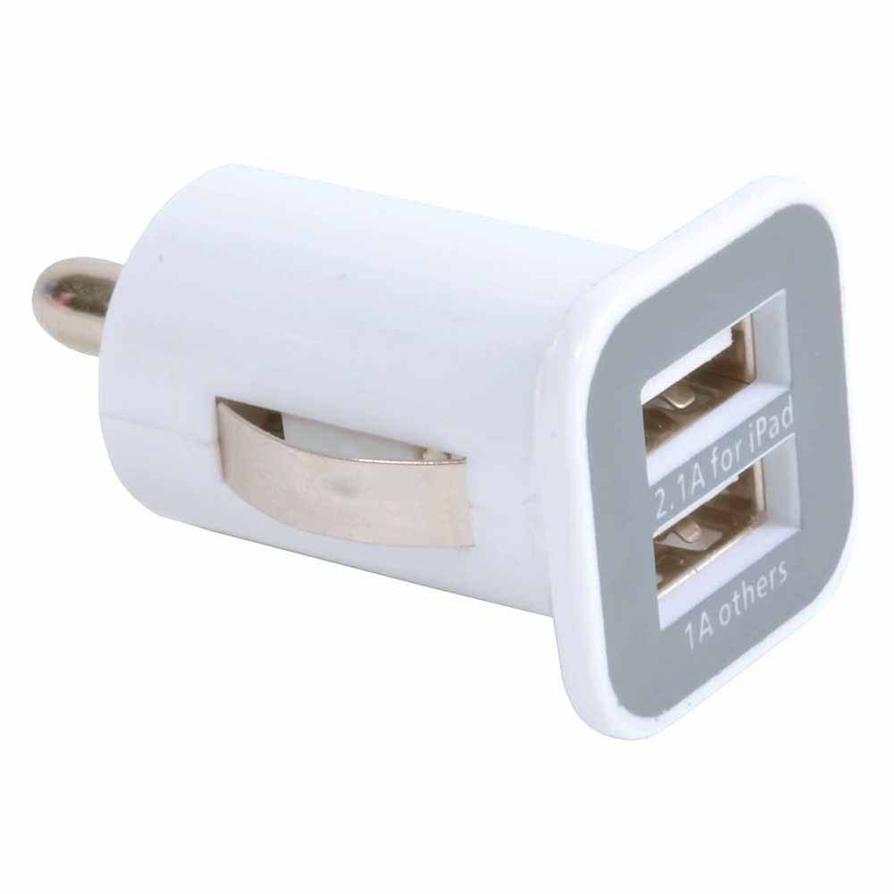 Micro USB car charger with 2 USB ports. Input 12 V - Output 5 V/1000 mA; 5 V/2100 mA White