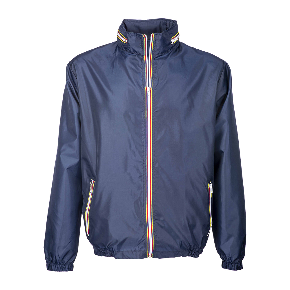 Water-resistant 210T polyester jacket with fold-away hood with zip. Folds up into a w Blue L