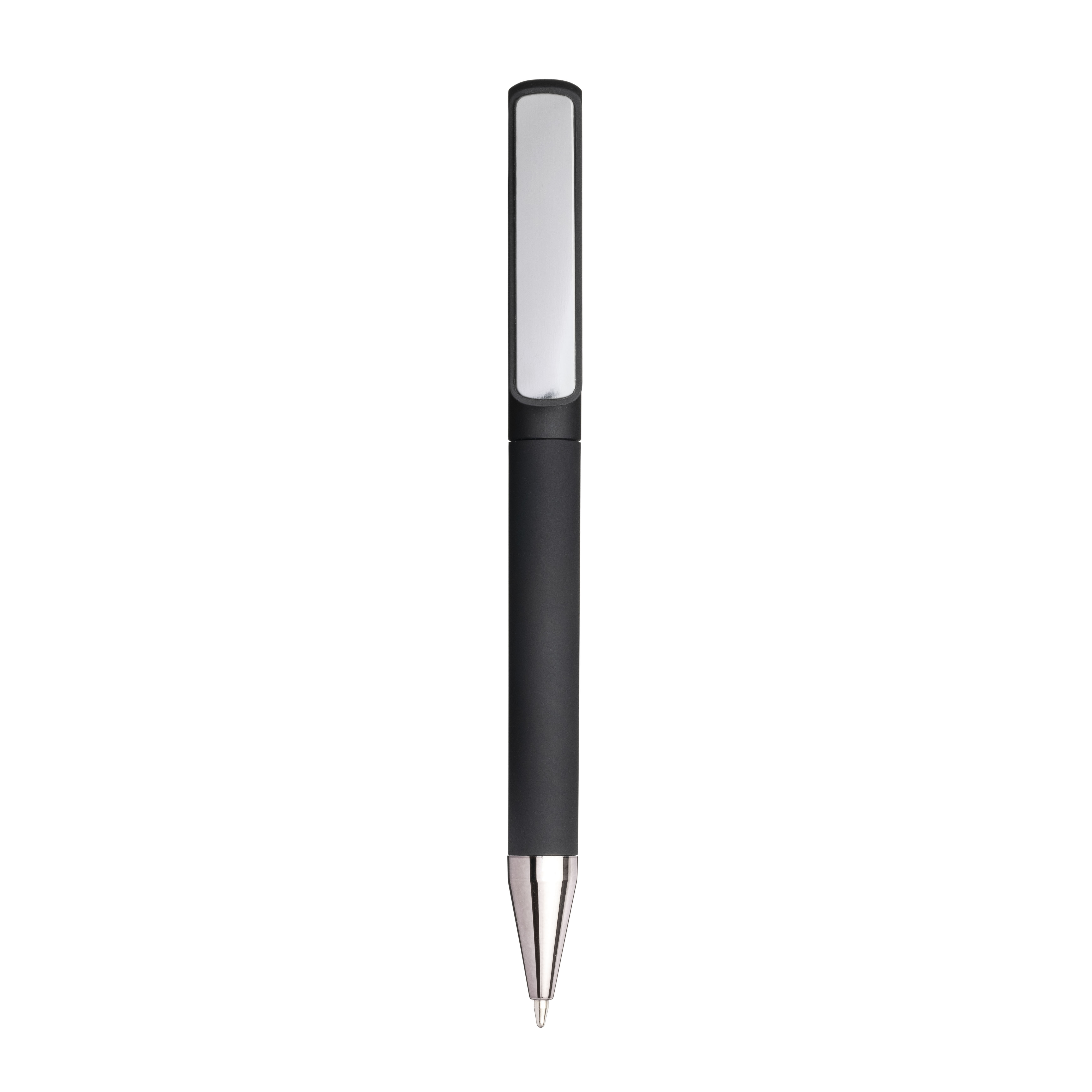 Rubberized plastic twist pen. Clip suitable for tone-on-tone laser printing Black