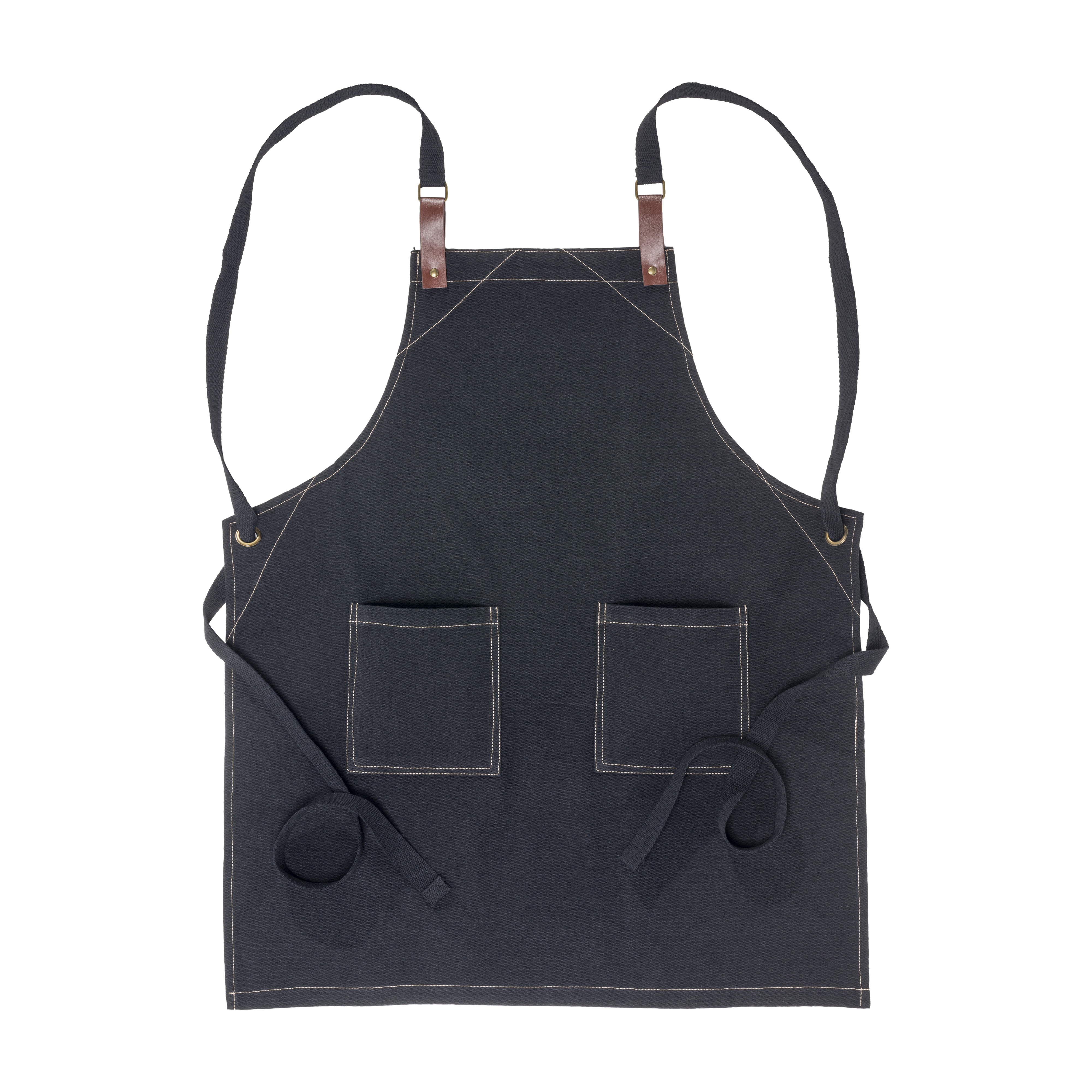 280 g/m2  cotton kitchen apron with 2 front pockets, adjustable PU straps. Black