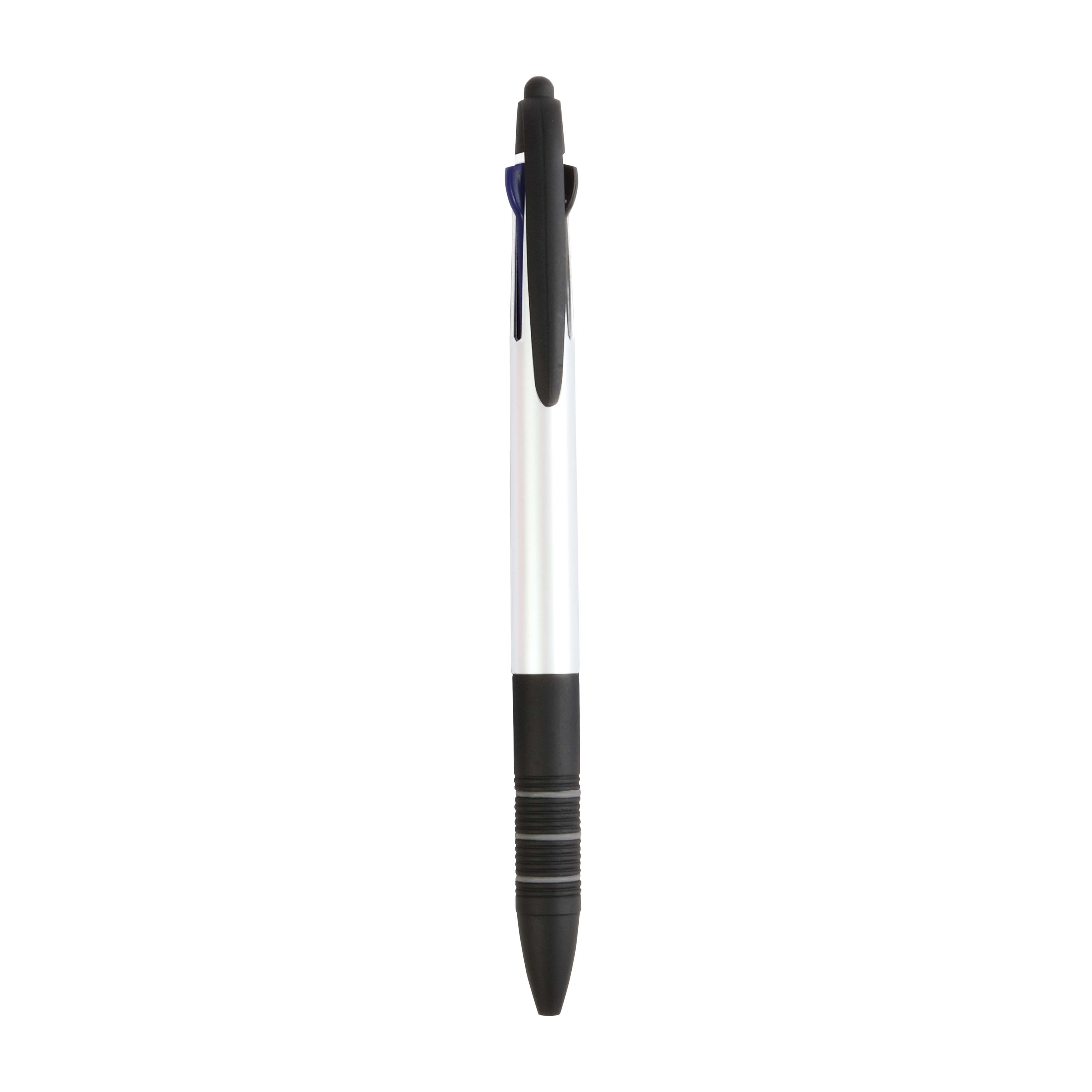 Plastic snap pen with 3 refills in blue, black and red, and touchscreen rubber tip White