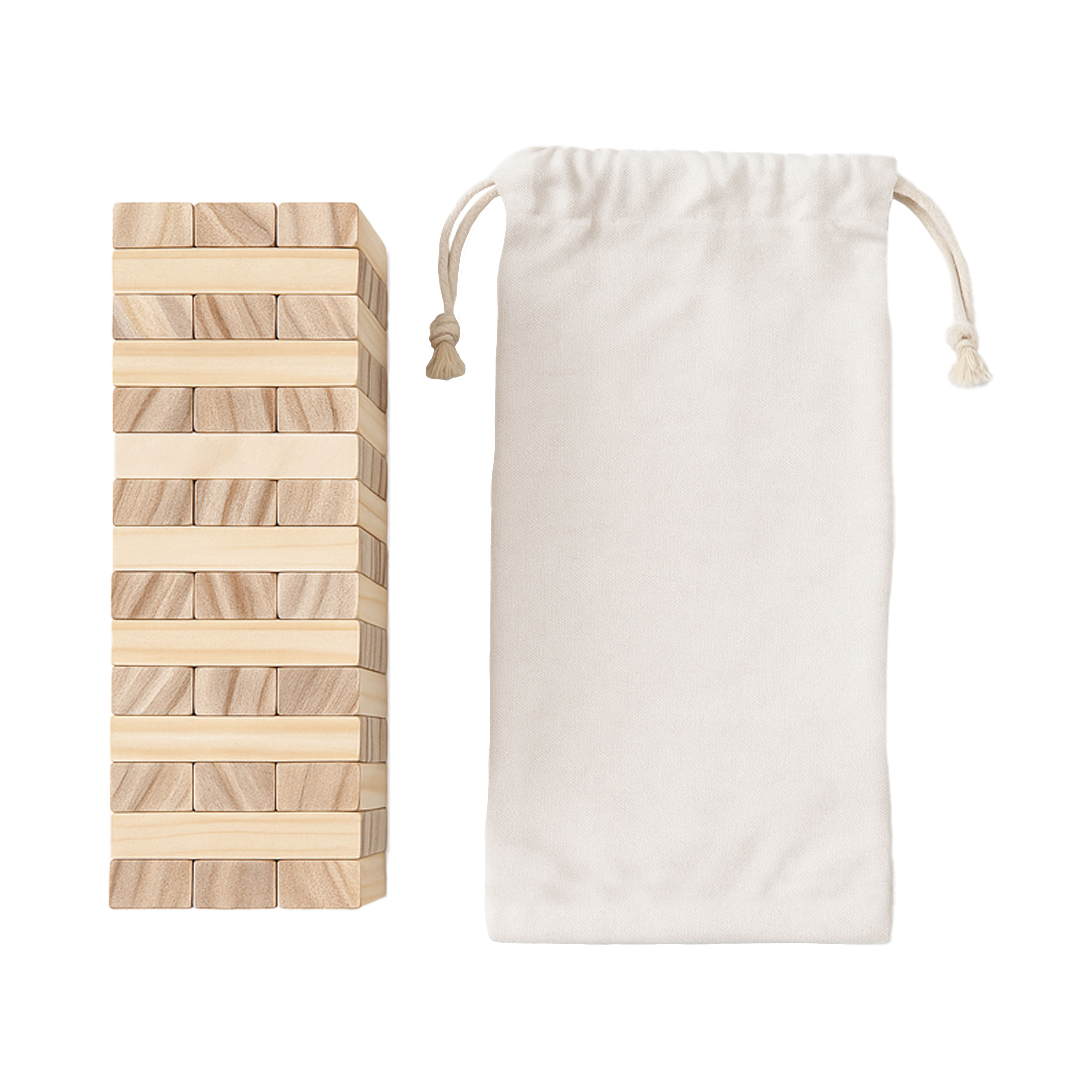 Wooden tumble tower, 54 blocks, with cotton pouch Natural