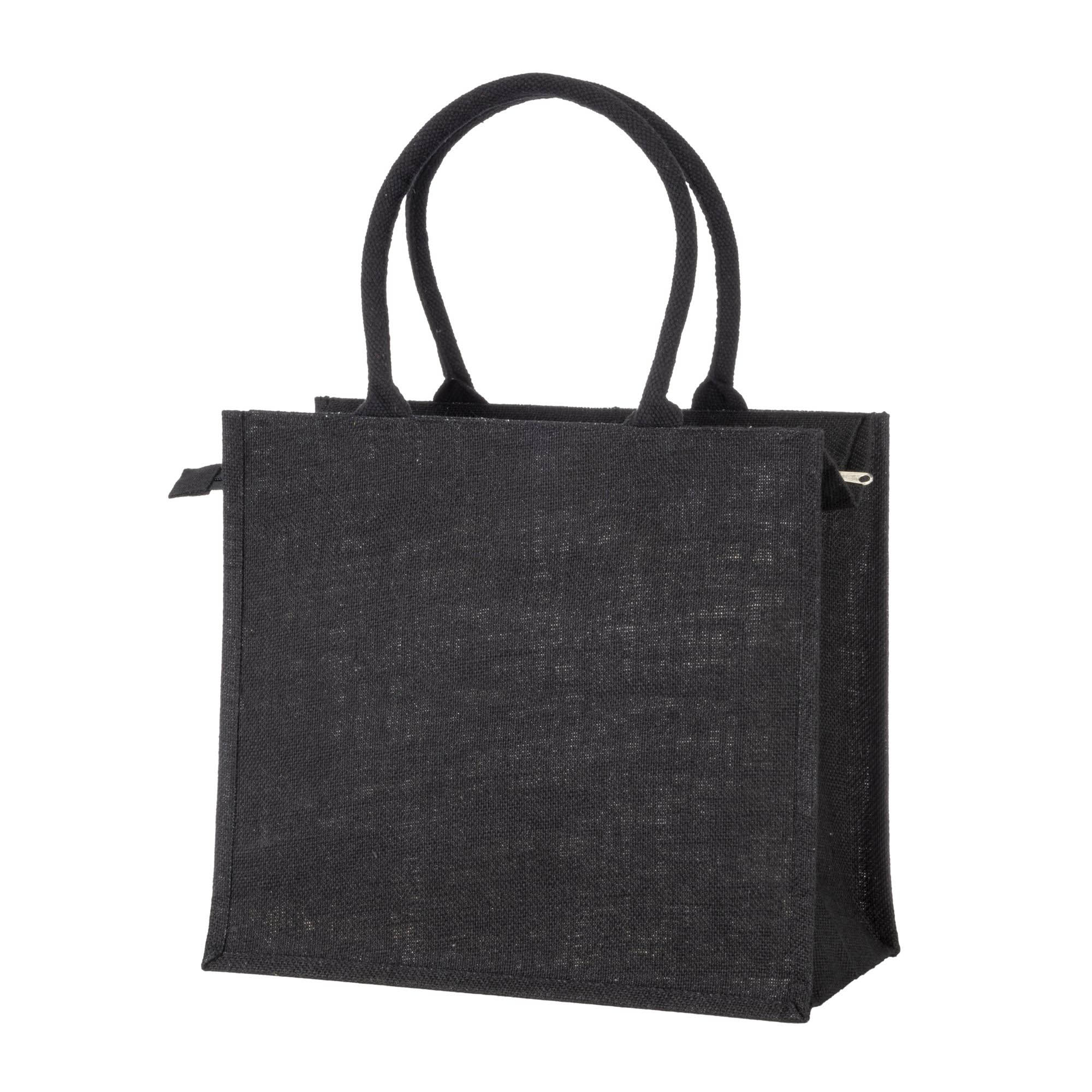 Jute bag with cotton handles. Features zipper closure Black
