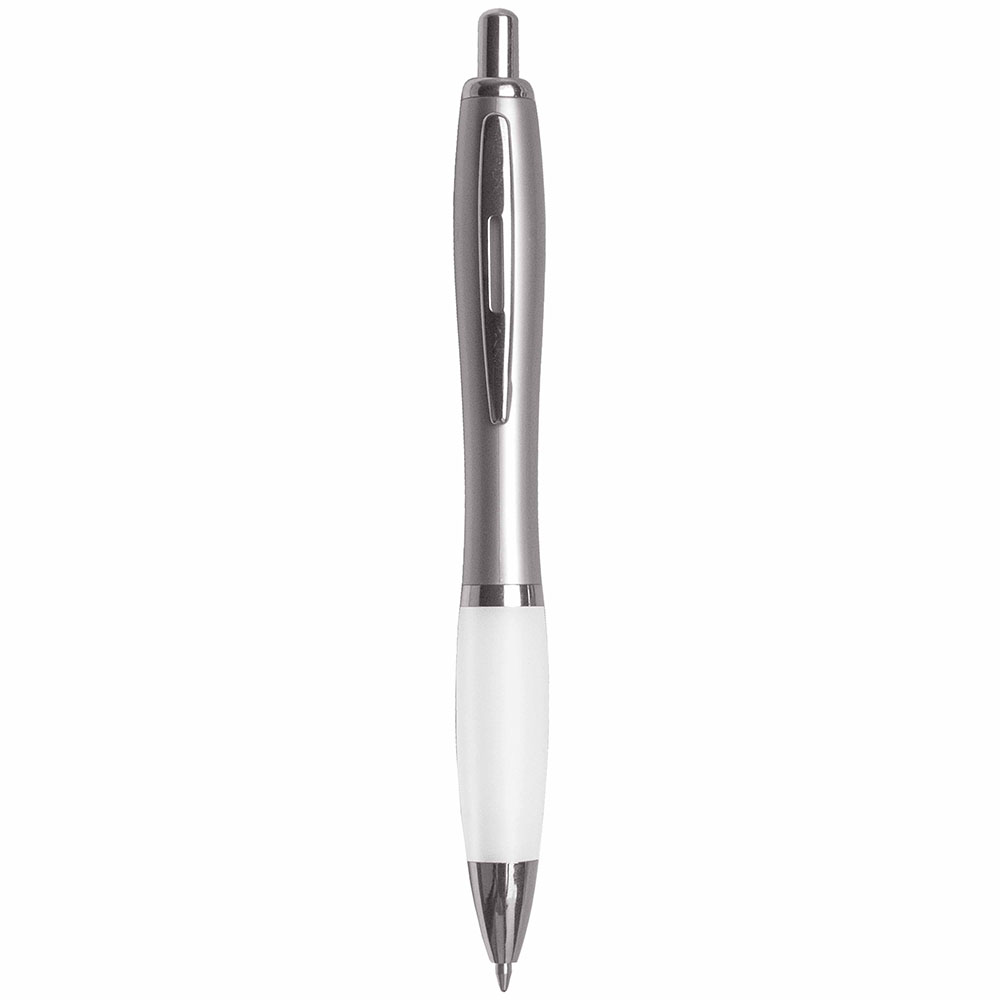 Plastic snap pen with silver barrel, rubberised coloured grip and metal clip, jumbo refill White
