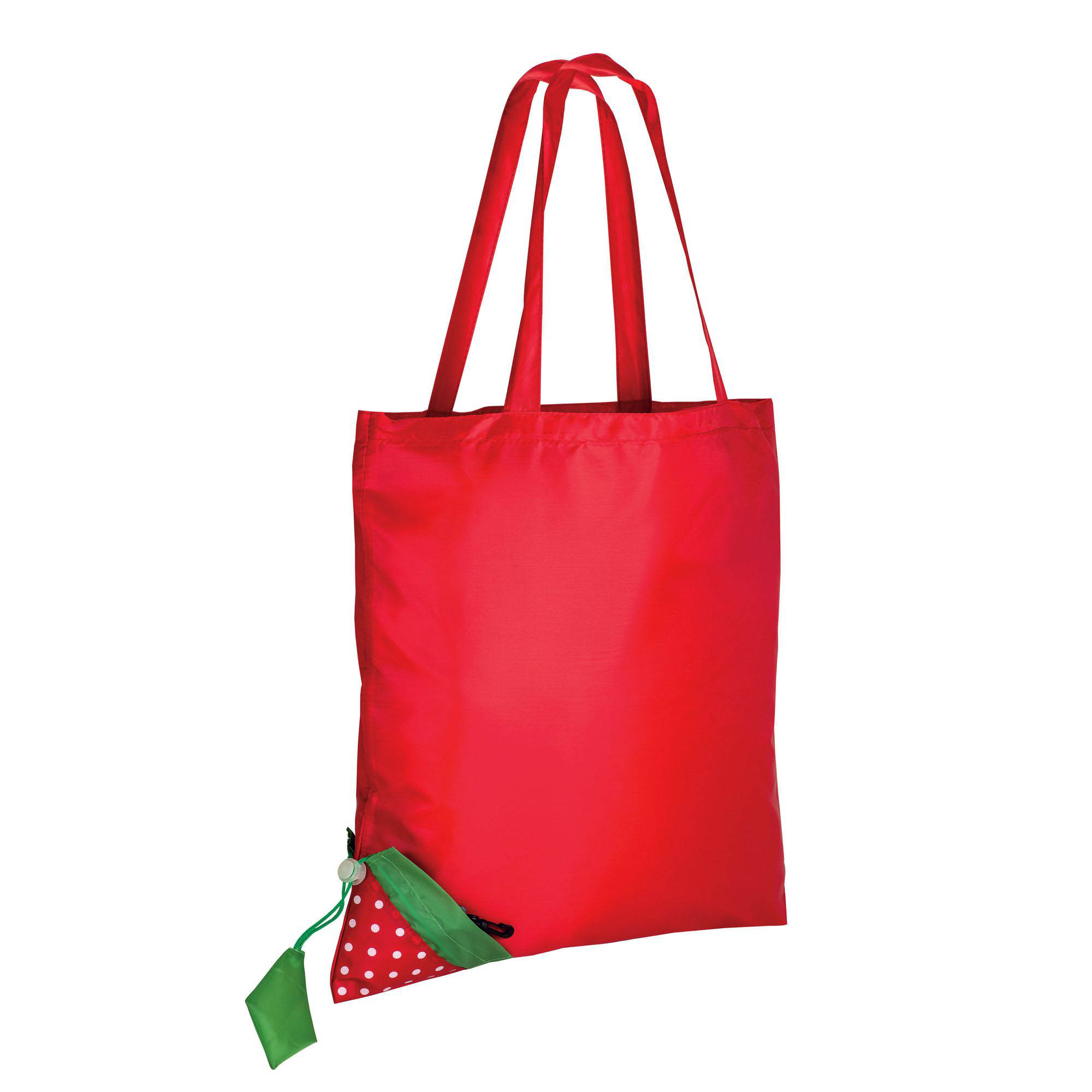 190T polyester, strawberry-shaped foldable shopping bag with customisable leaf Red