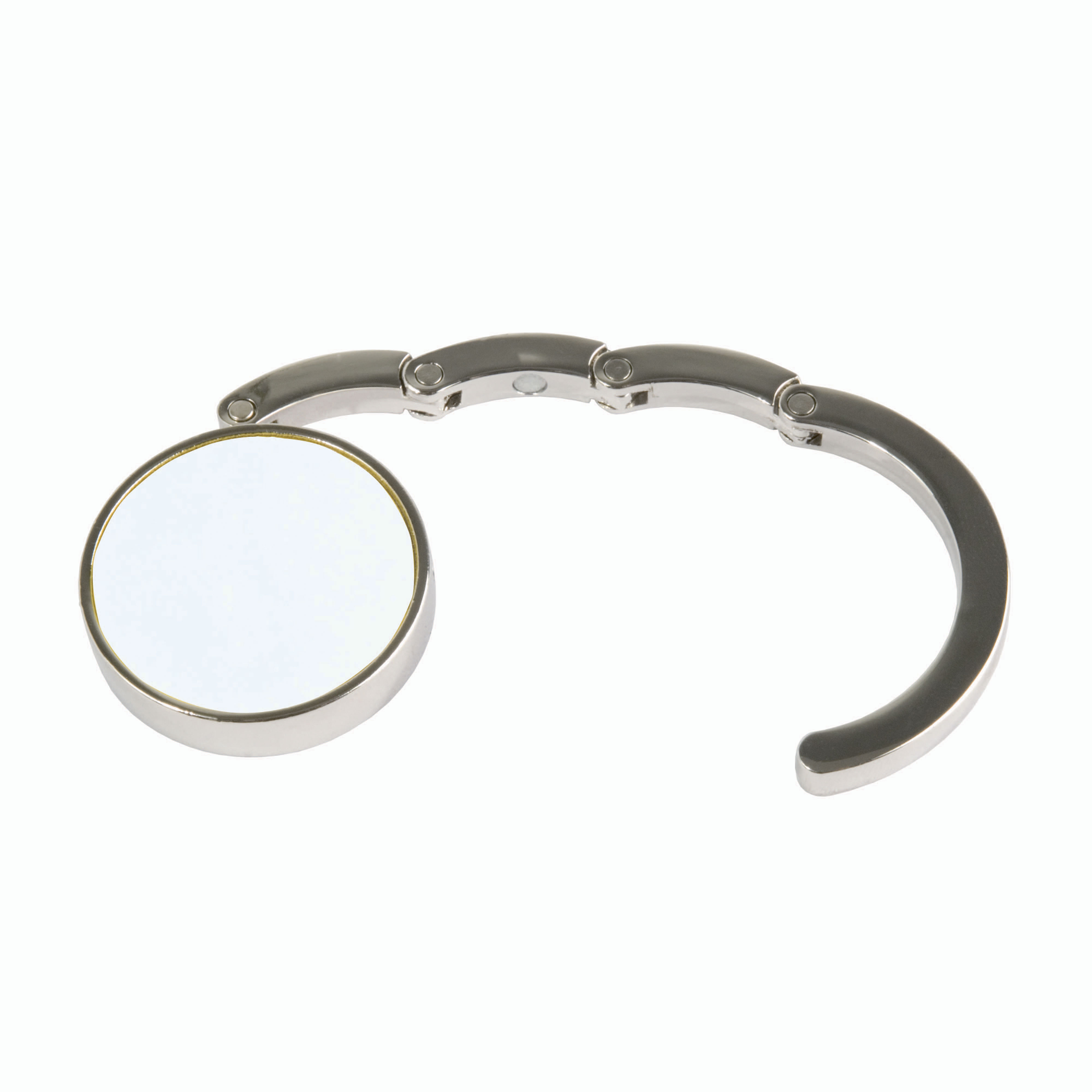 Round metal bag hook, dual-magnet reinforced closure, in a black box White