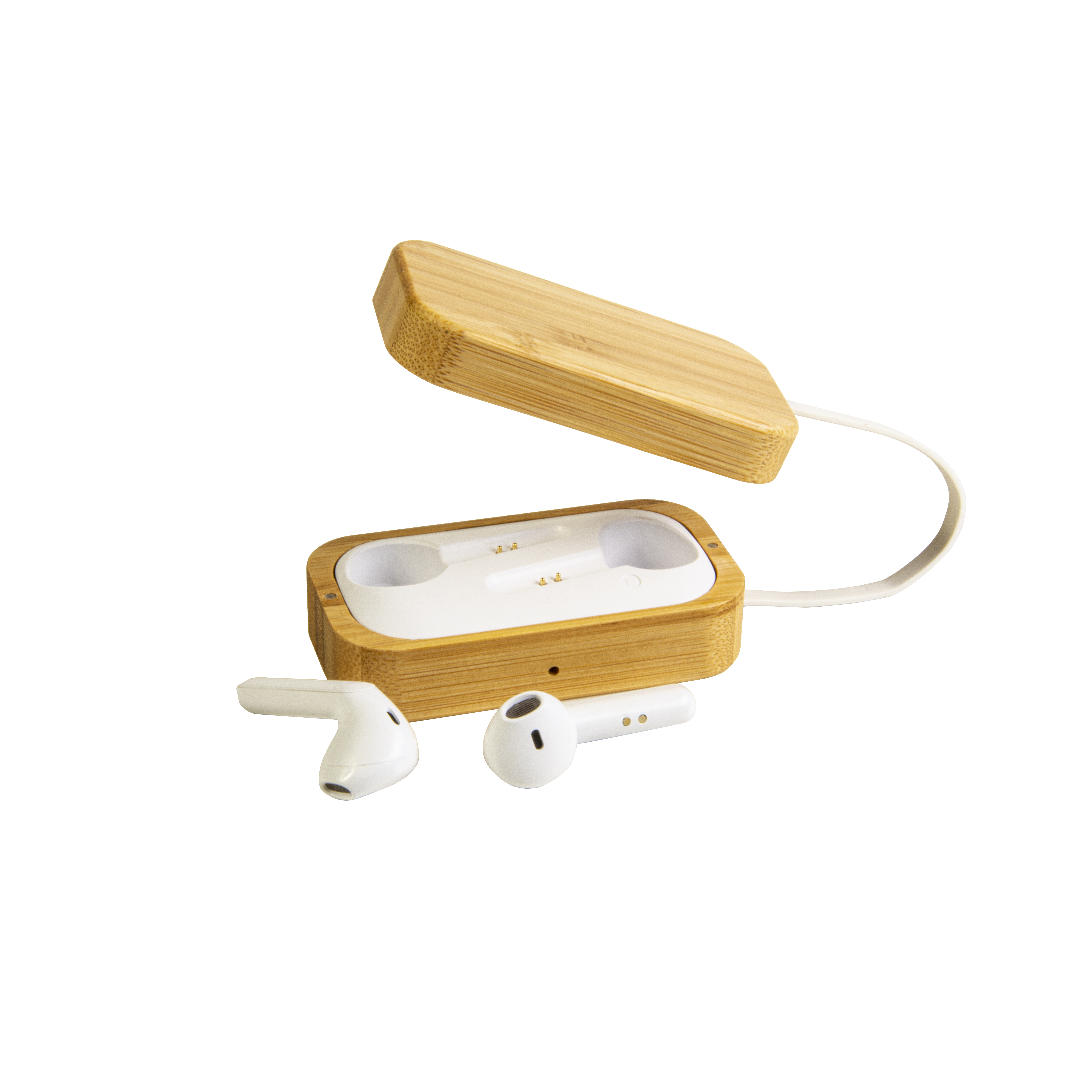 Bluetooth earbuds with bamboo charging box, with silicone handle and micro USB cable Natural